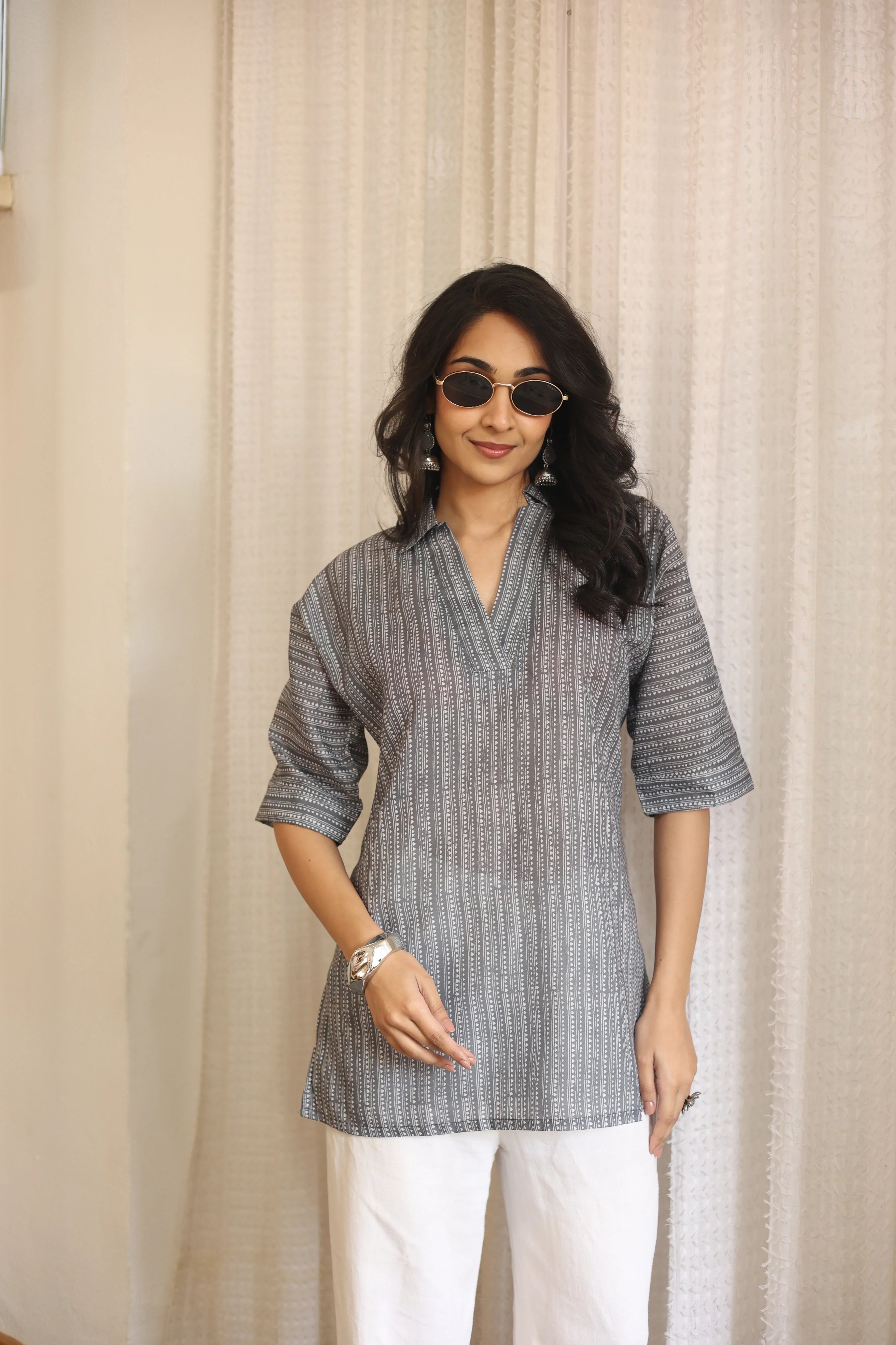 Grey Floral Print Cotton Shirt Collar Top for Women - SanskrutiHomes