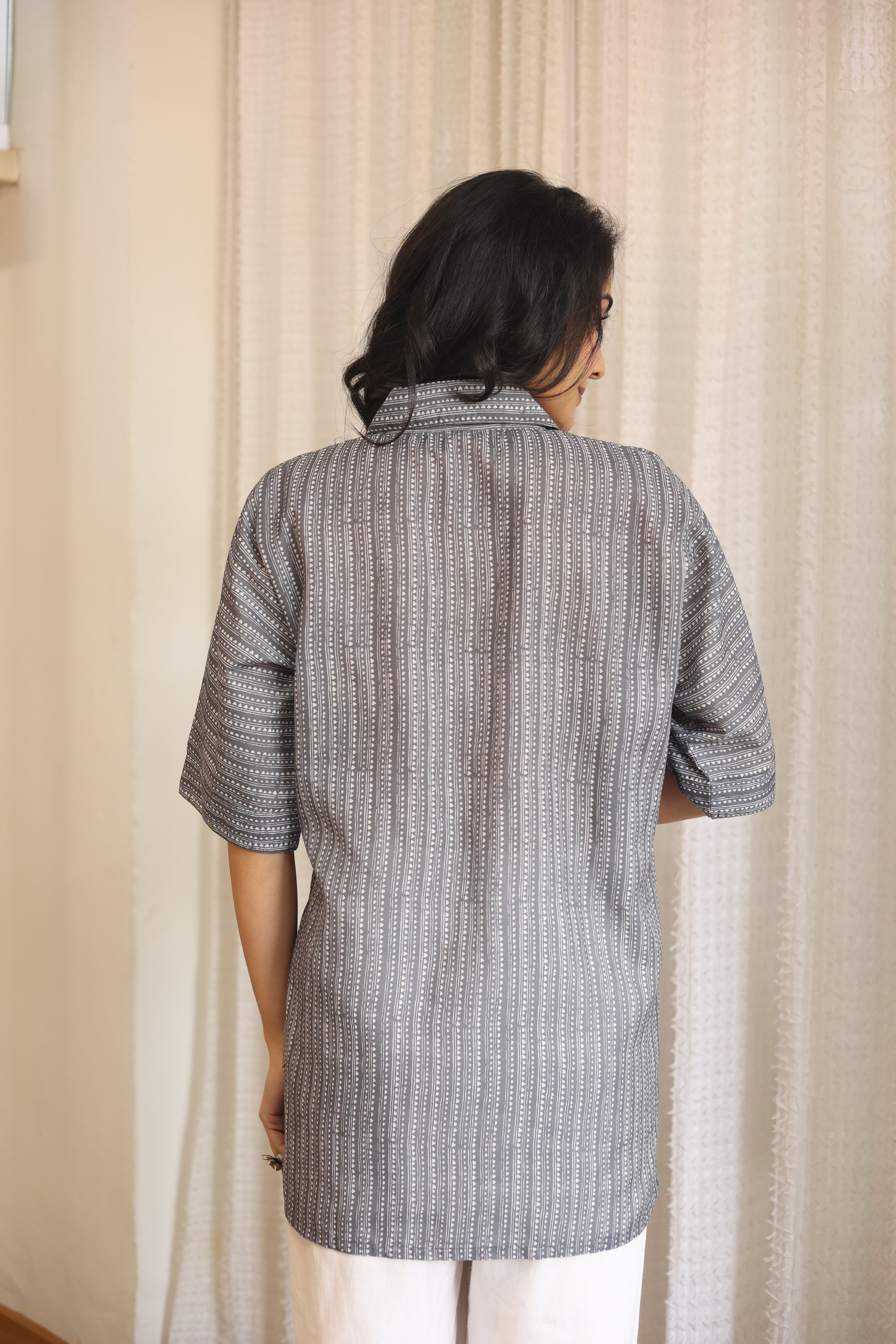 Grey Floral Print Cotton Shirt Collar Top for Women