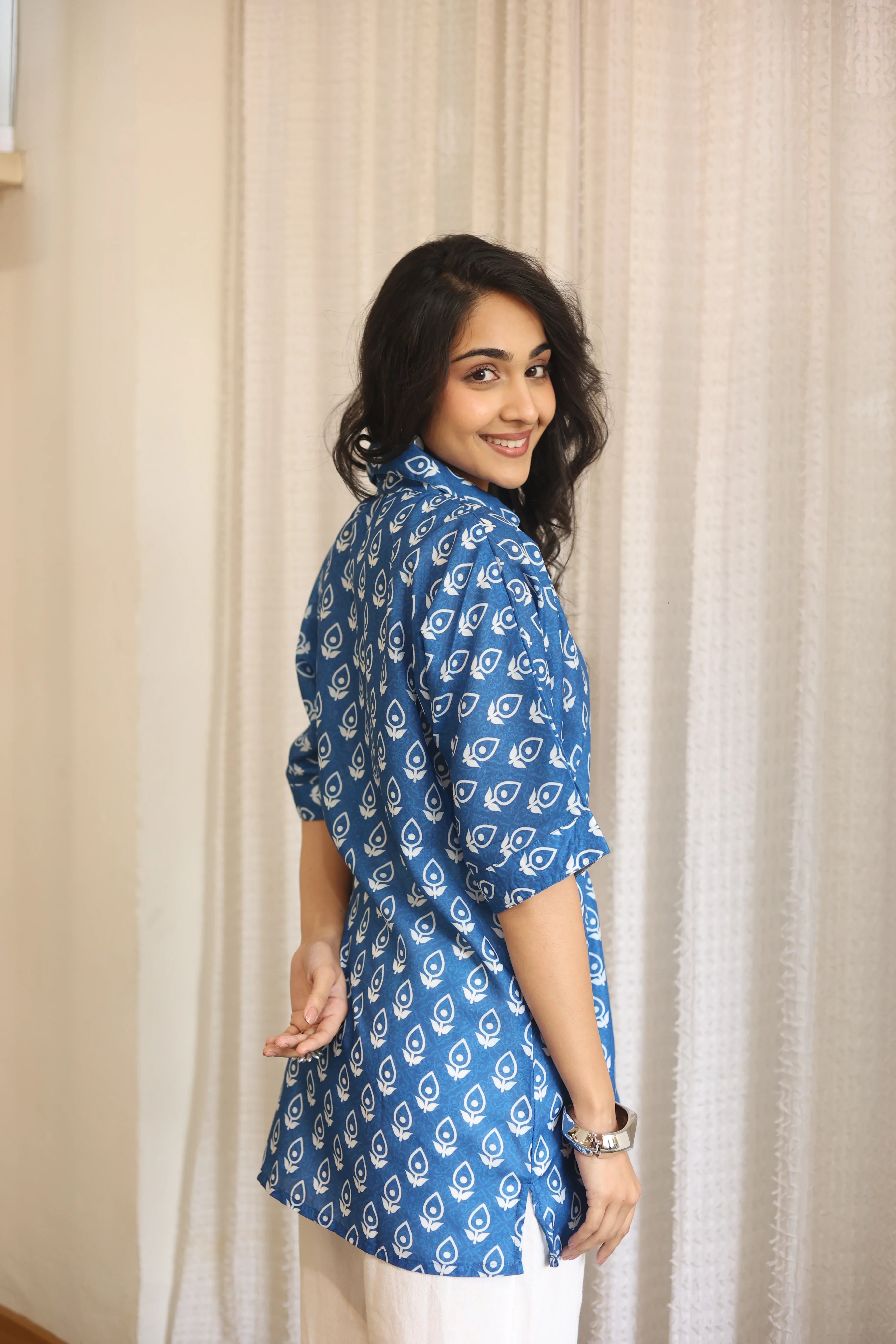 Blue Floral Print Cotton Shirt Collar Top for Women - SanskrutiHomes