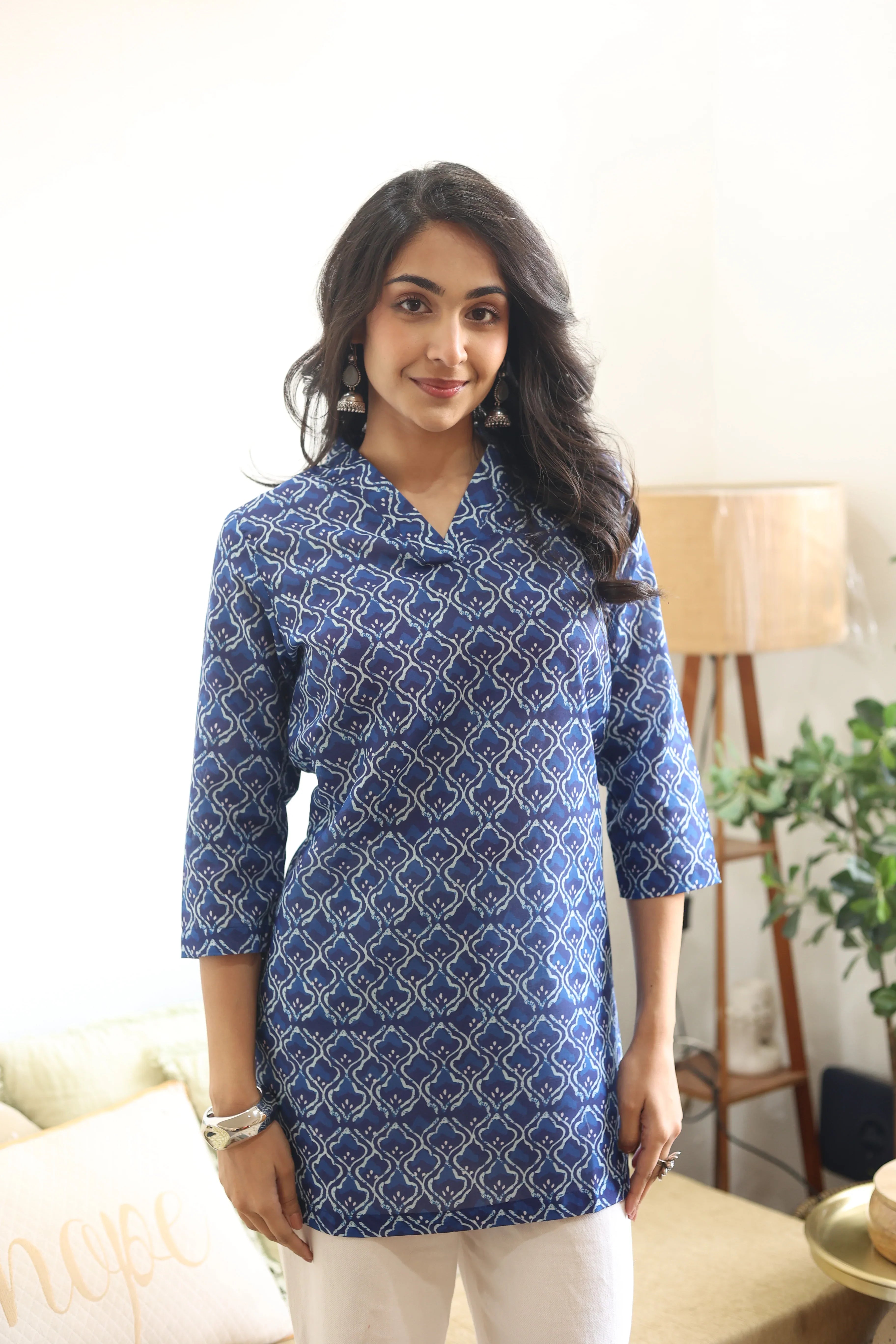 Blue Geometric Print Cotton V-Neck Top for Women - SanskrutiHomes
