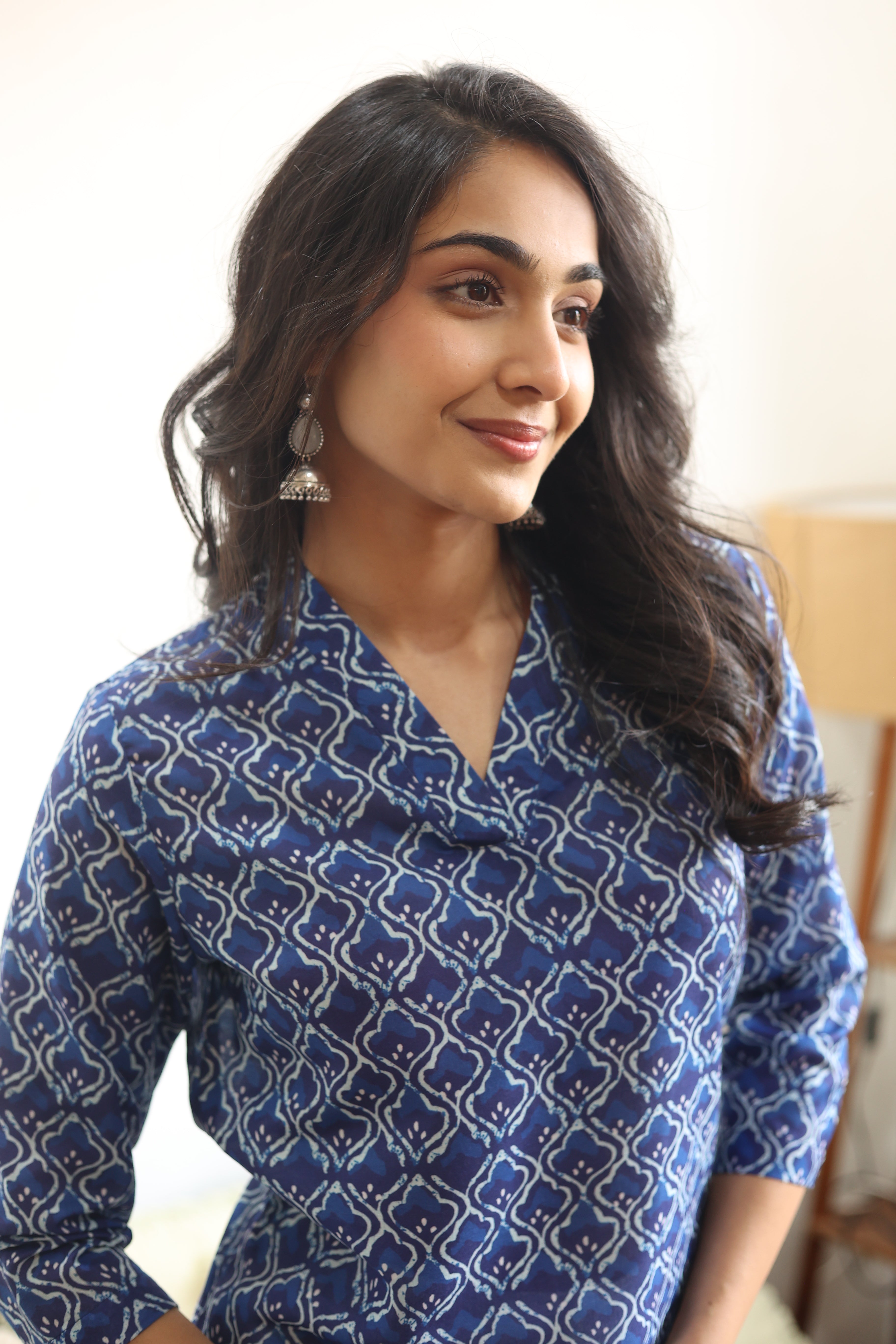 Blue Geometric Print Cotton V-Neck Top for Women