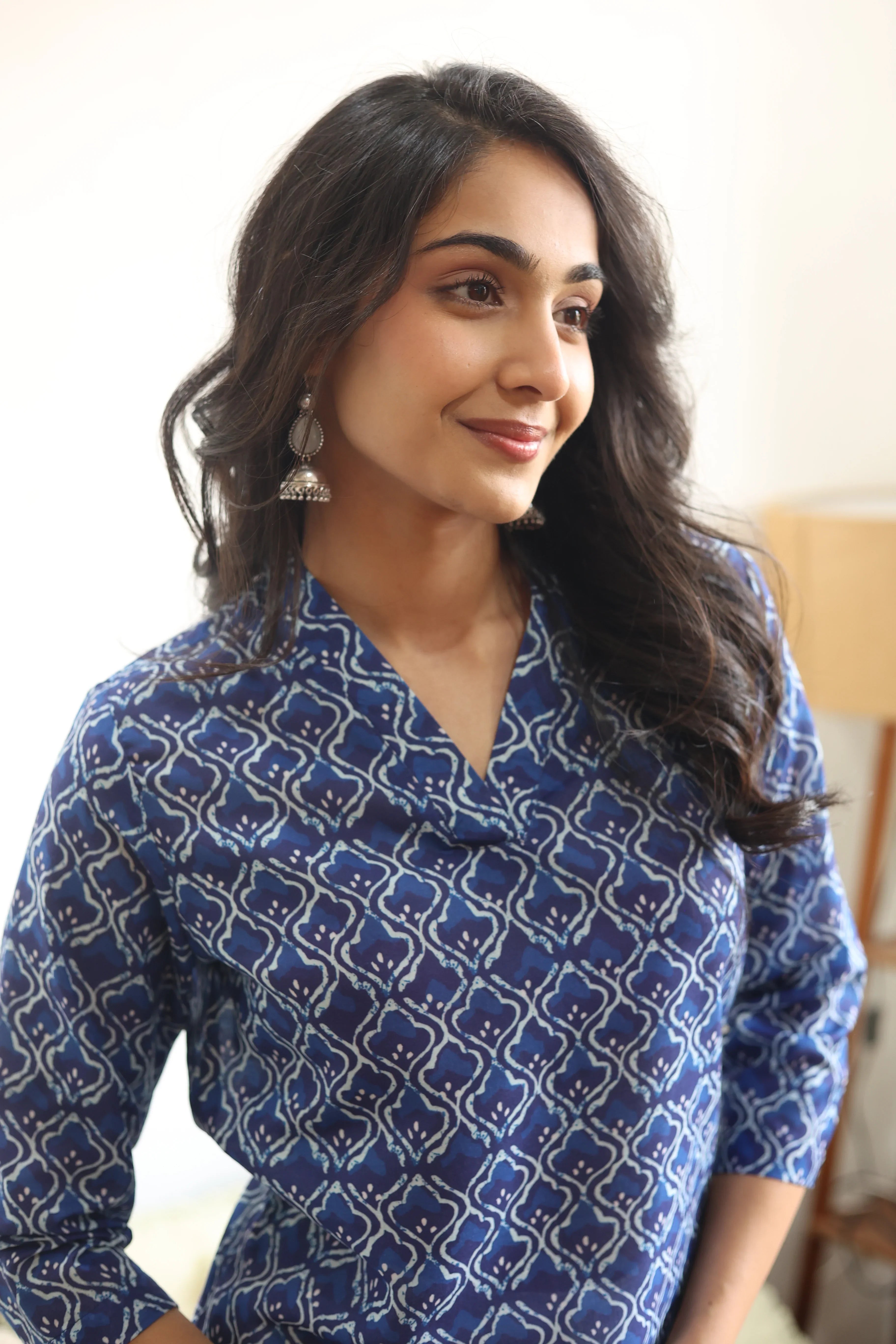 Blue Geometric Print Cotton V-Neck Top for Women - SanskrutiHomes