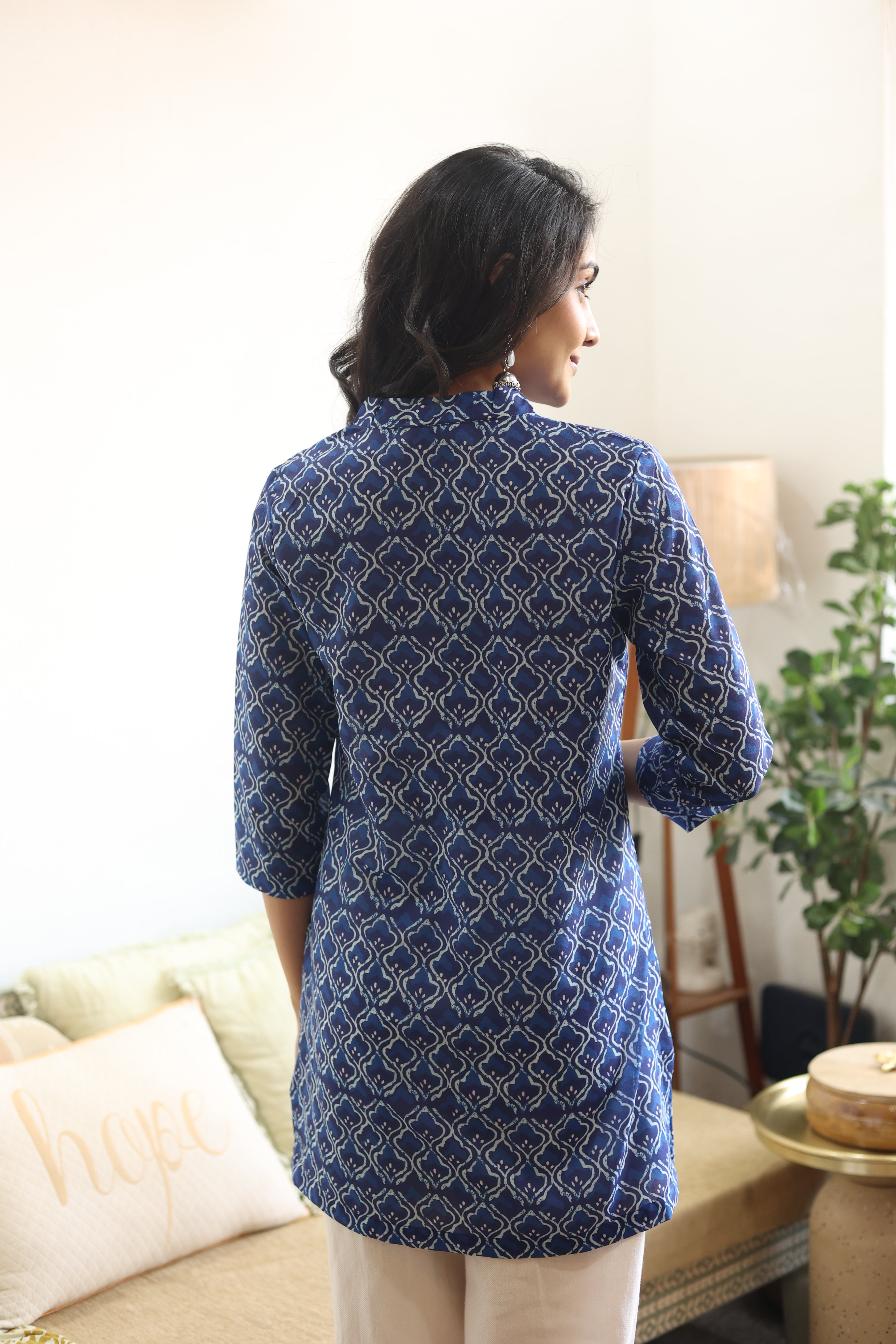 Blue Geometric Print Cotton V-Neck Top for Women