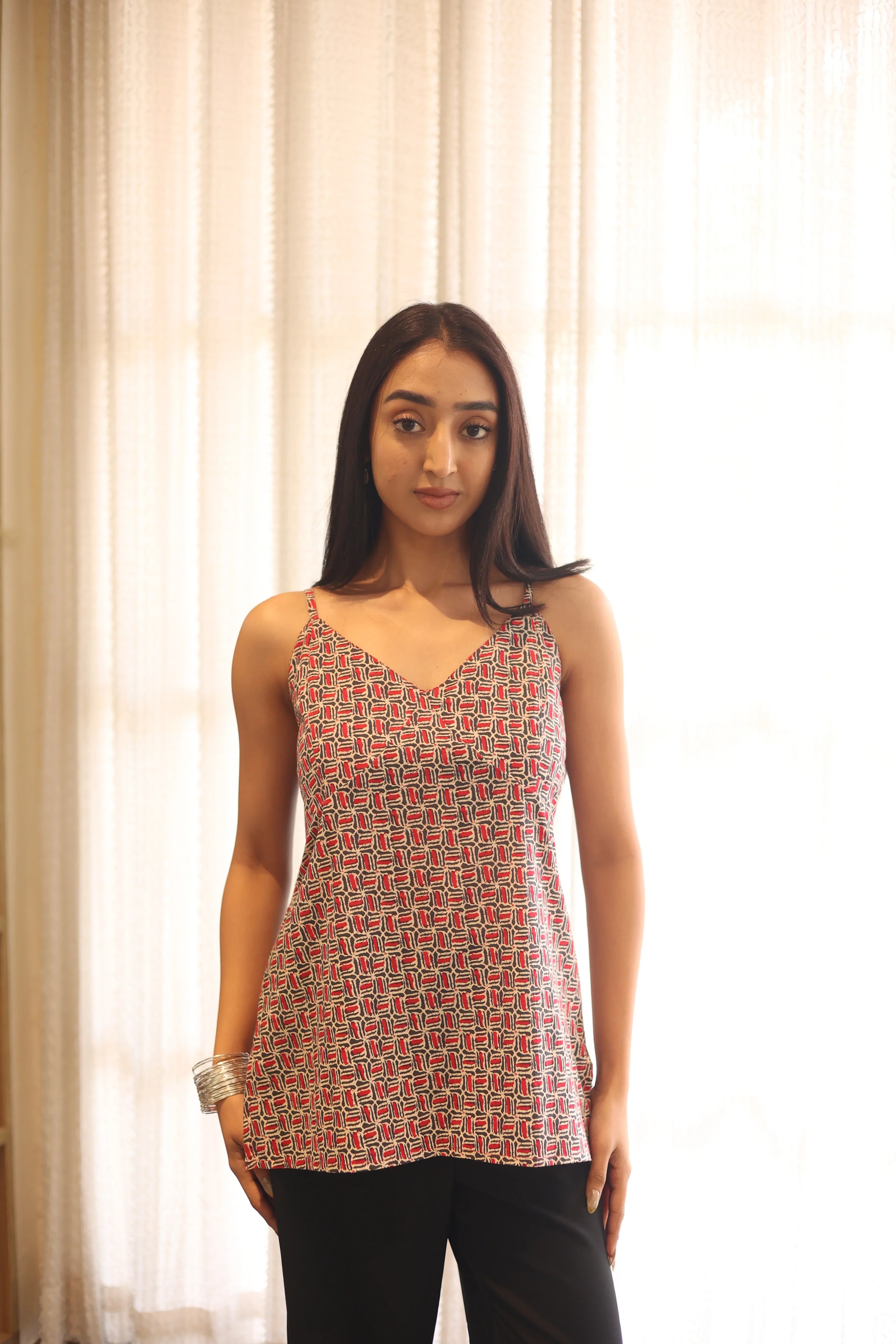 Beige Printed Cotton V-Neck Top for Women - SanskrutiHomes