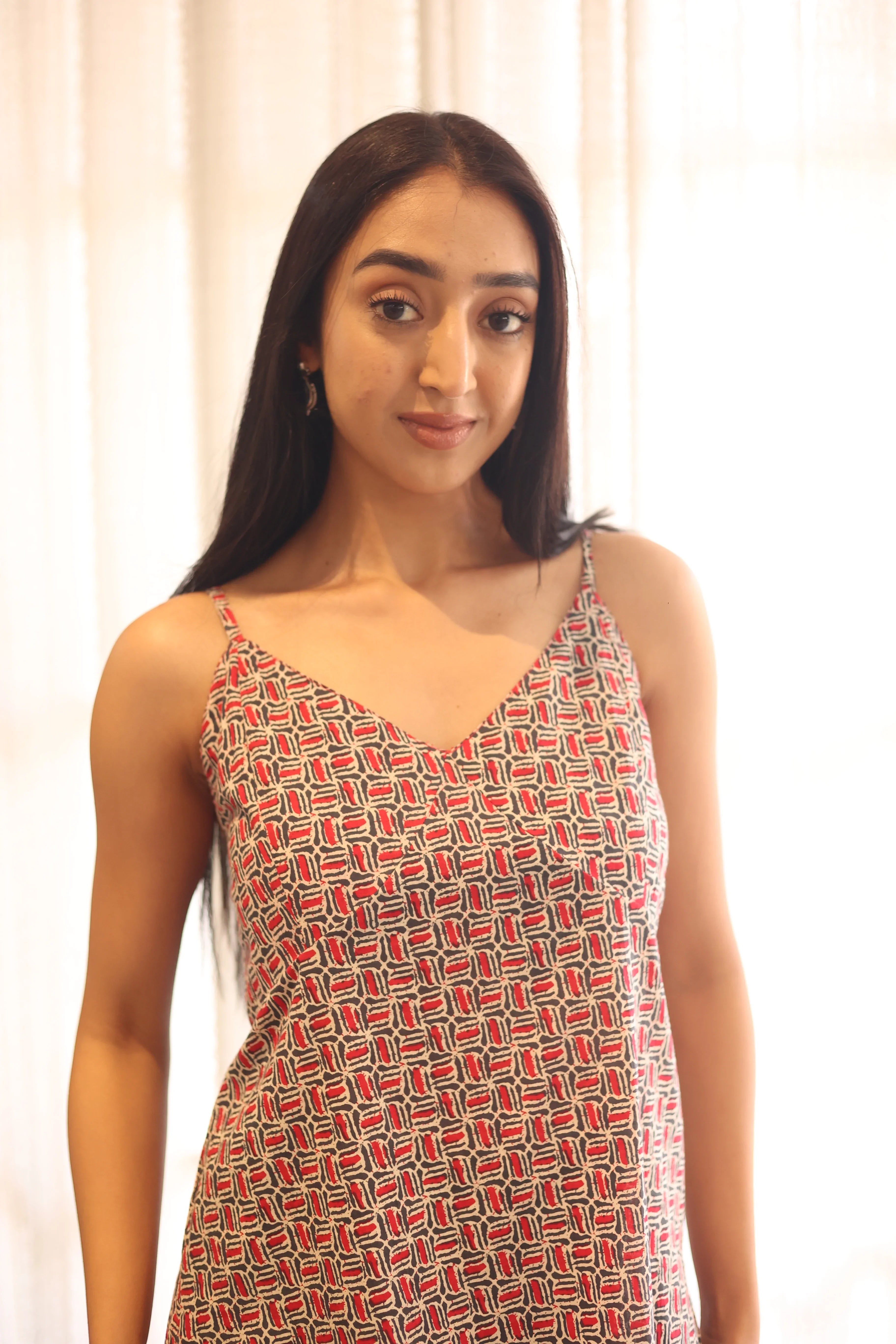 Beige Printed Cotton V-Neck Top for Women - SanskrutiHomes