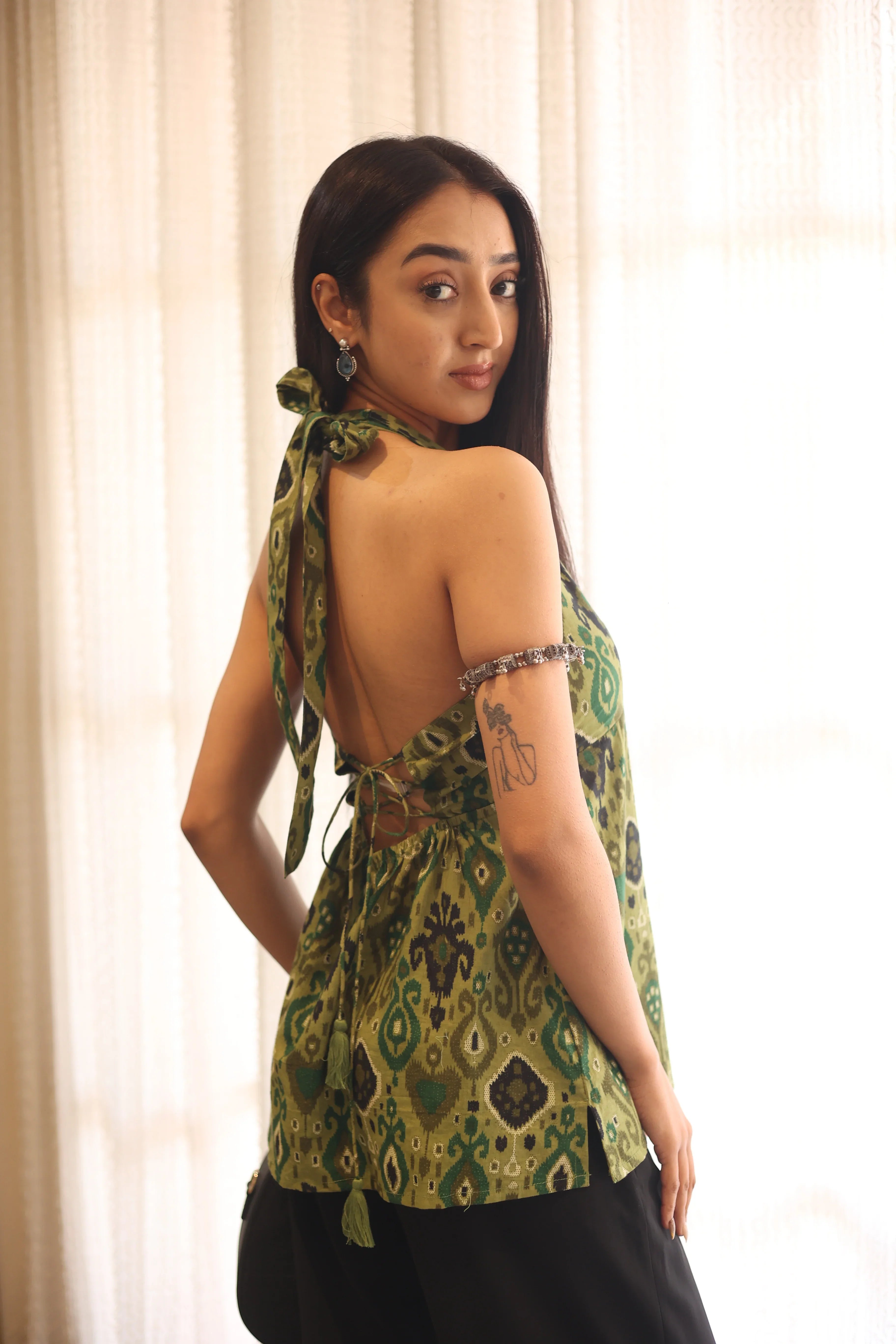 Green Solid Cotton Tie-Up Neck Top for Women - SanskrutiHomes