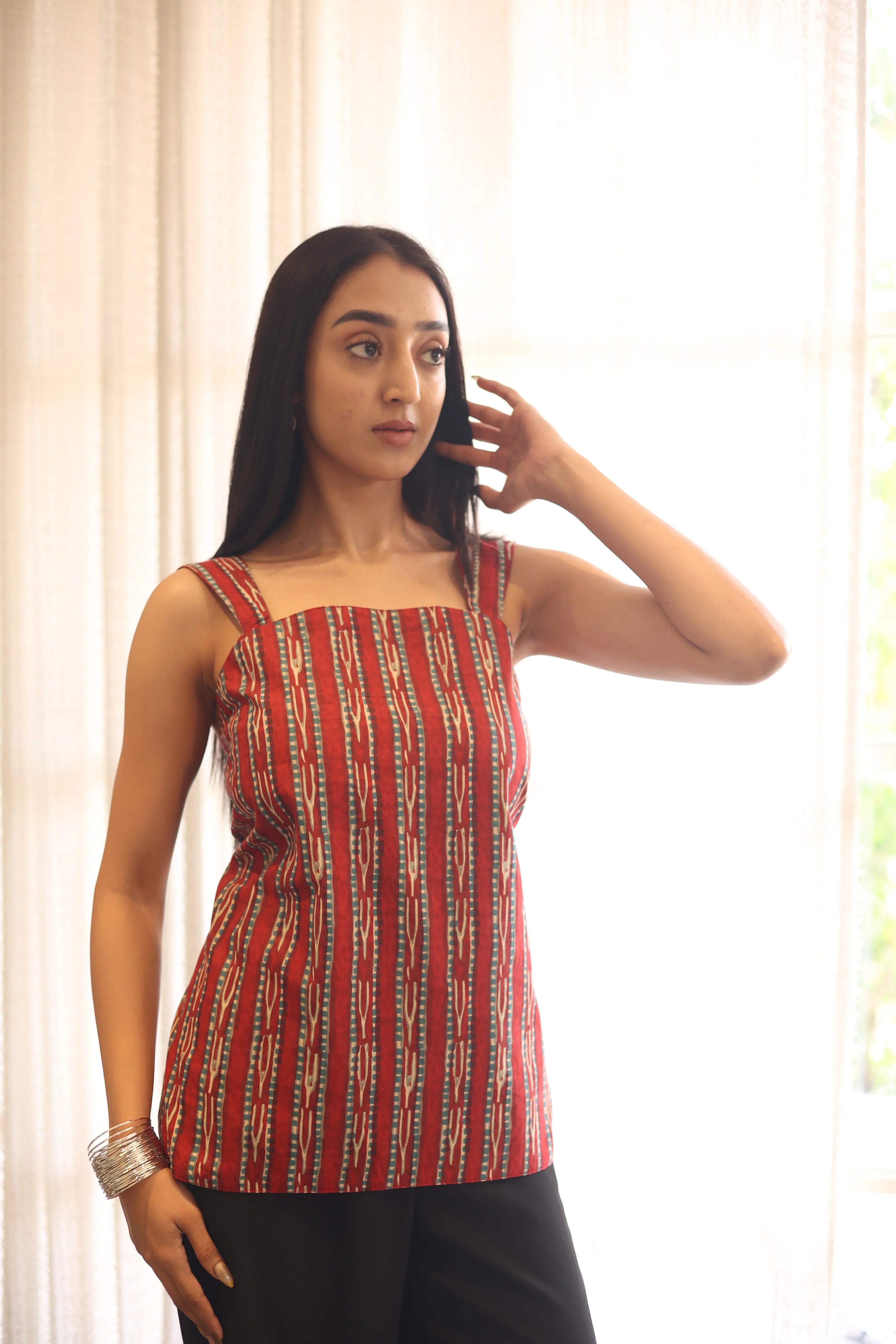 Red Printed Cotton Square Neck Top for Women - SanskrutiHomes