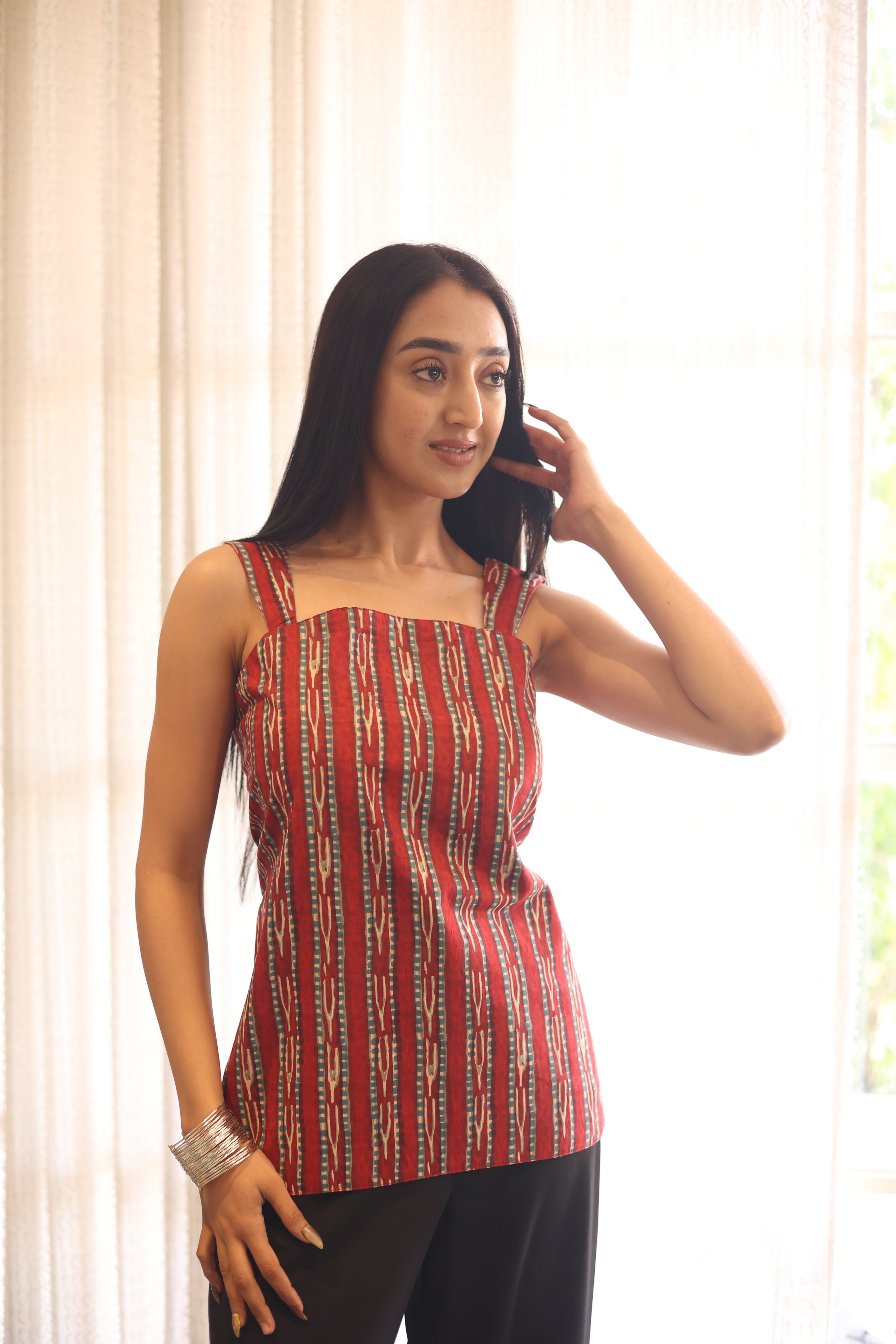Red Printed Cotton Square Neck Top for Women