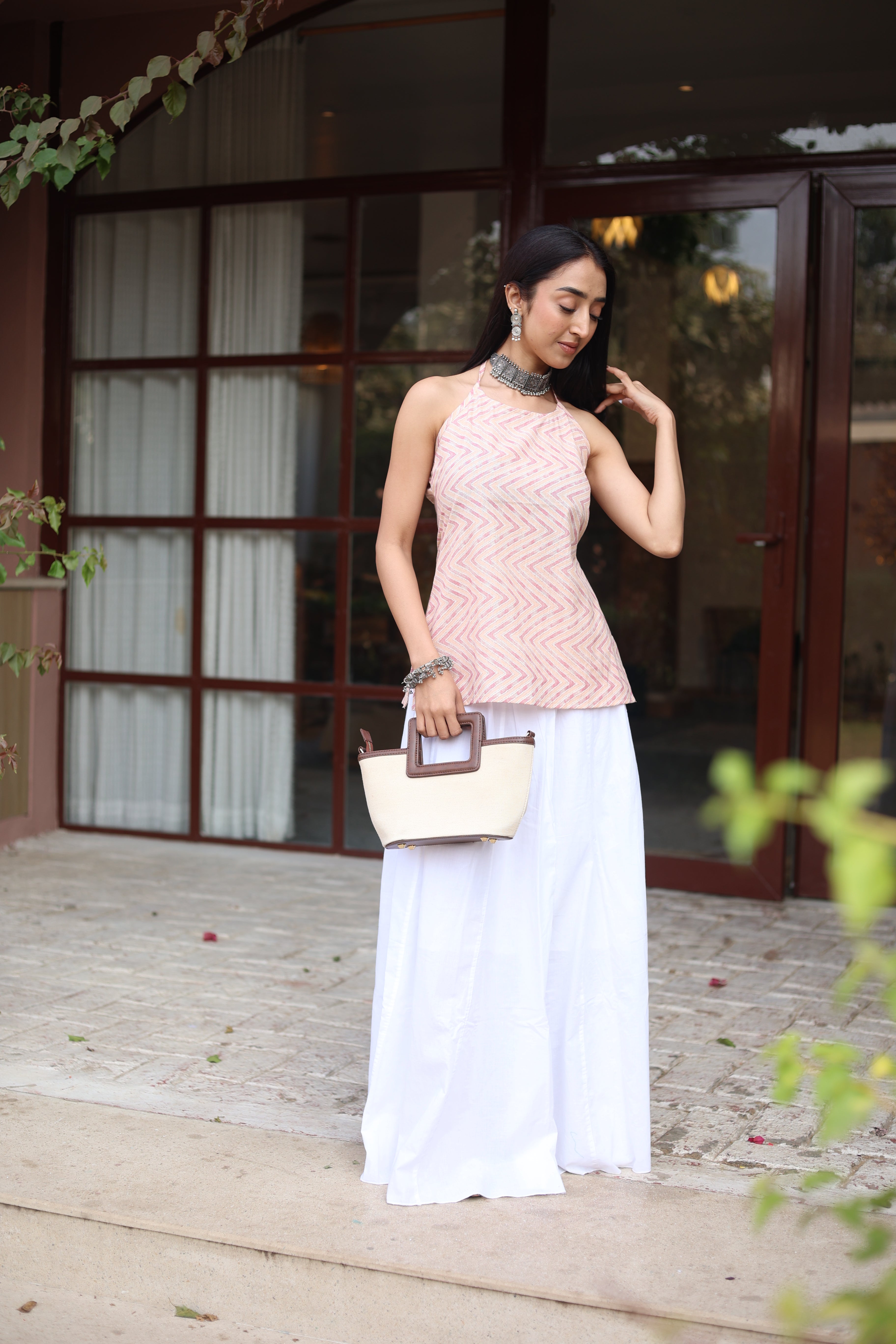 Pink Geometric Cotton Round Neck Top for Women