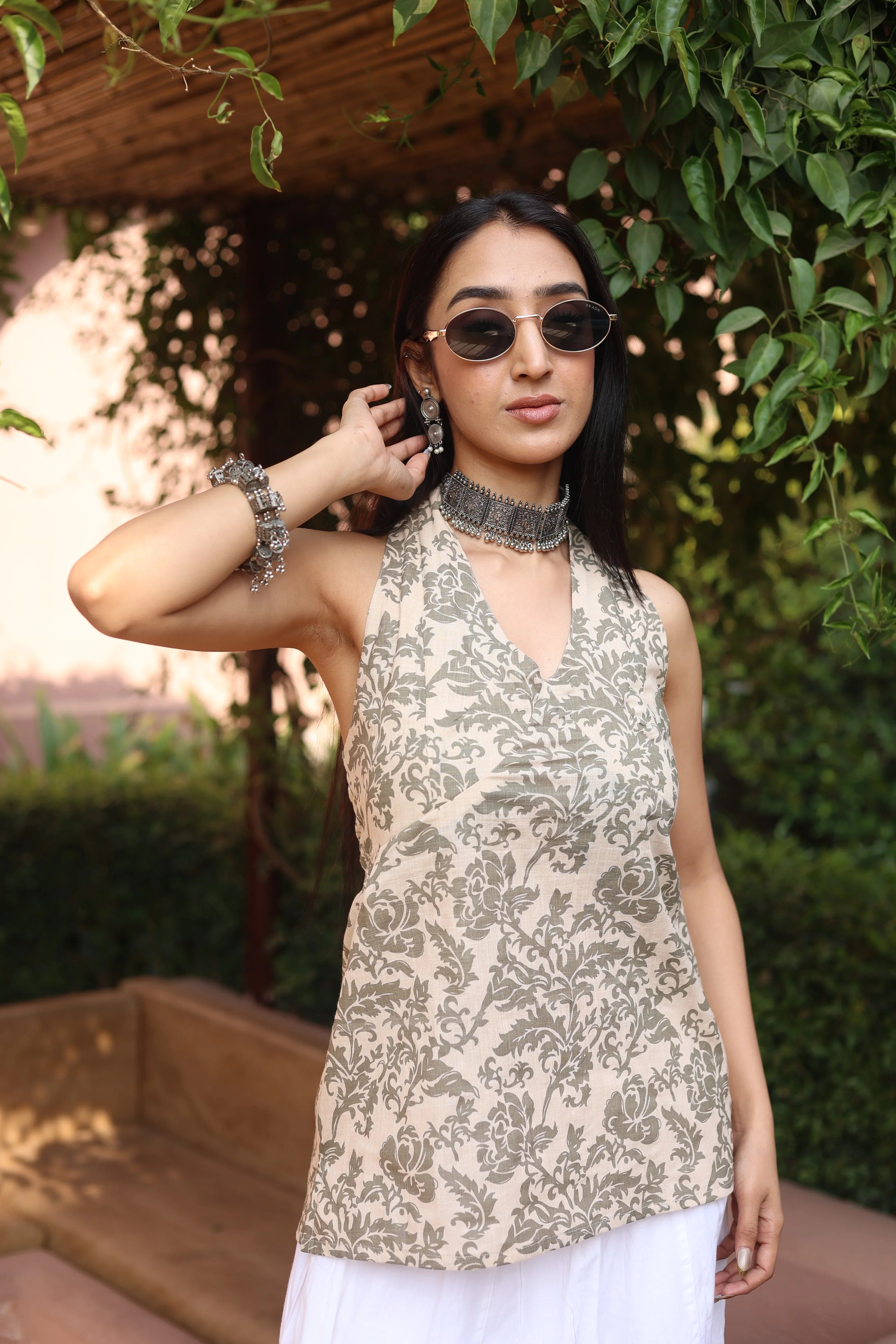 Beige Solid Cotton V-Neck Top for Women - SanskrutiHomes