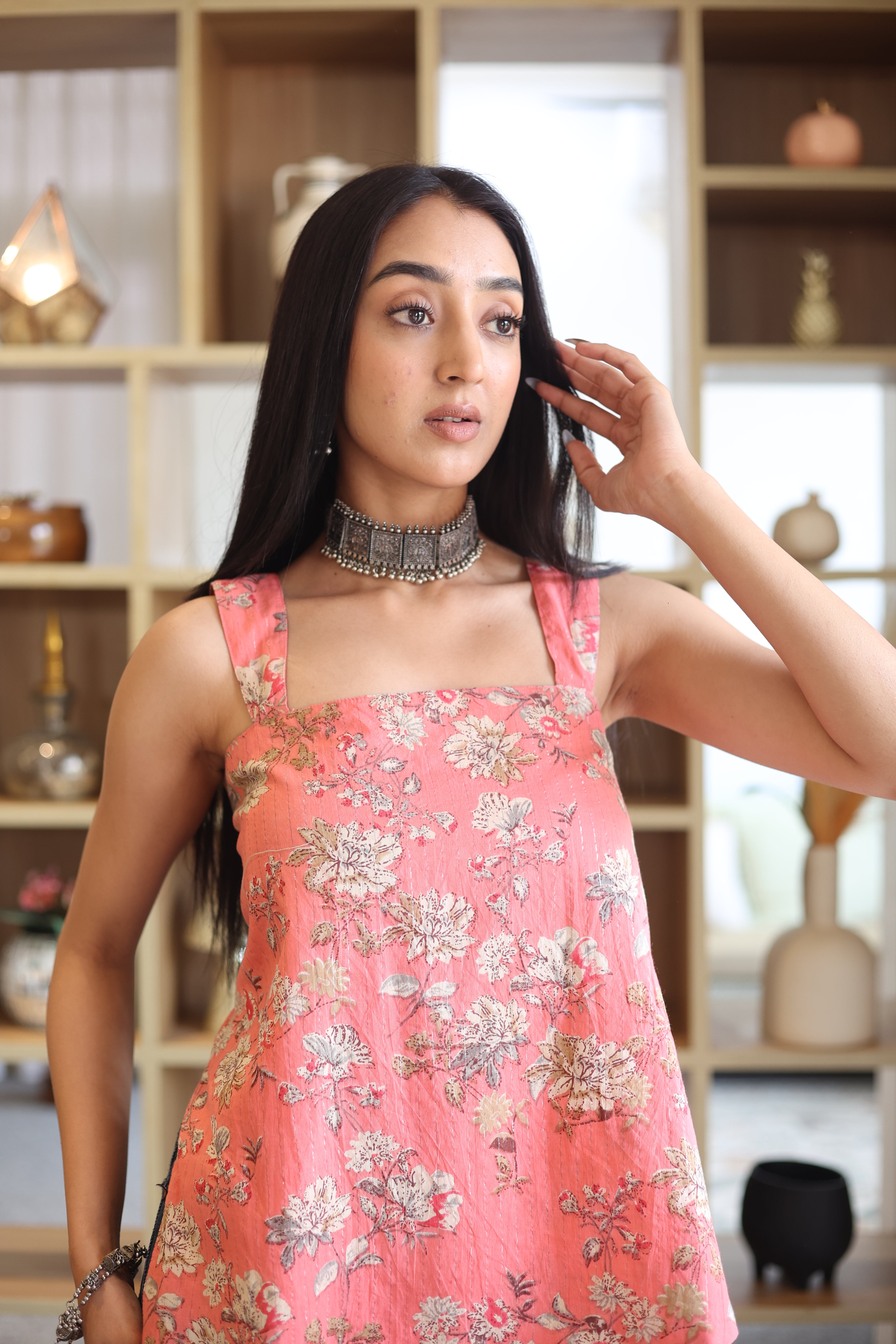 Peach Floral Printed Cotton Square Neck Top for Women