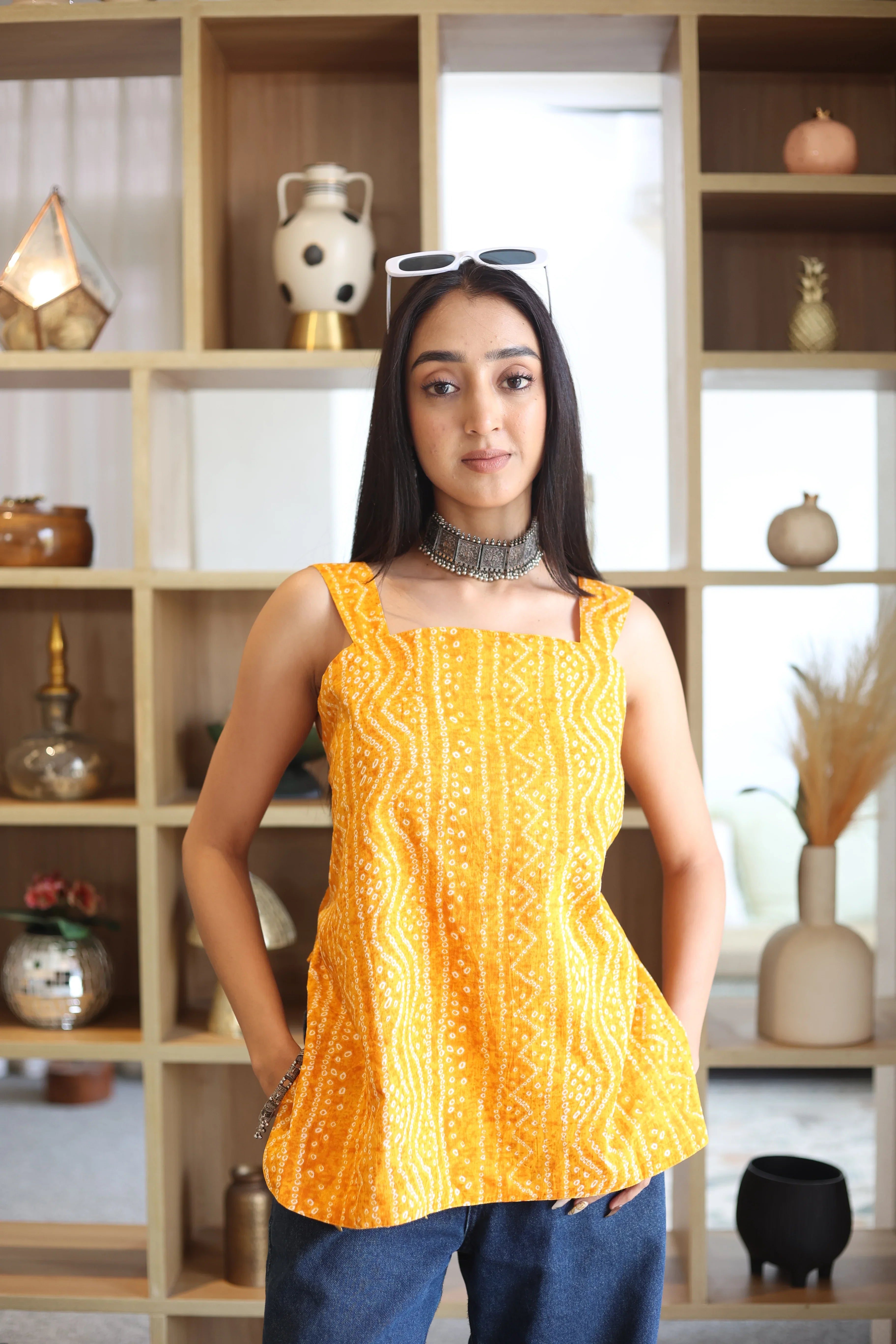 Yellow Abstract Print Cotton Square Neck Top for Women - SanskrutiHomes