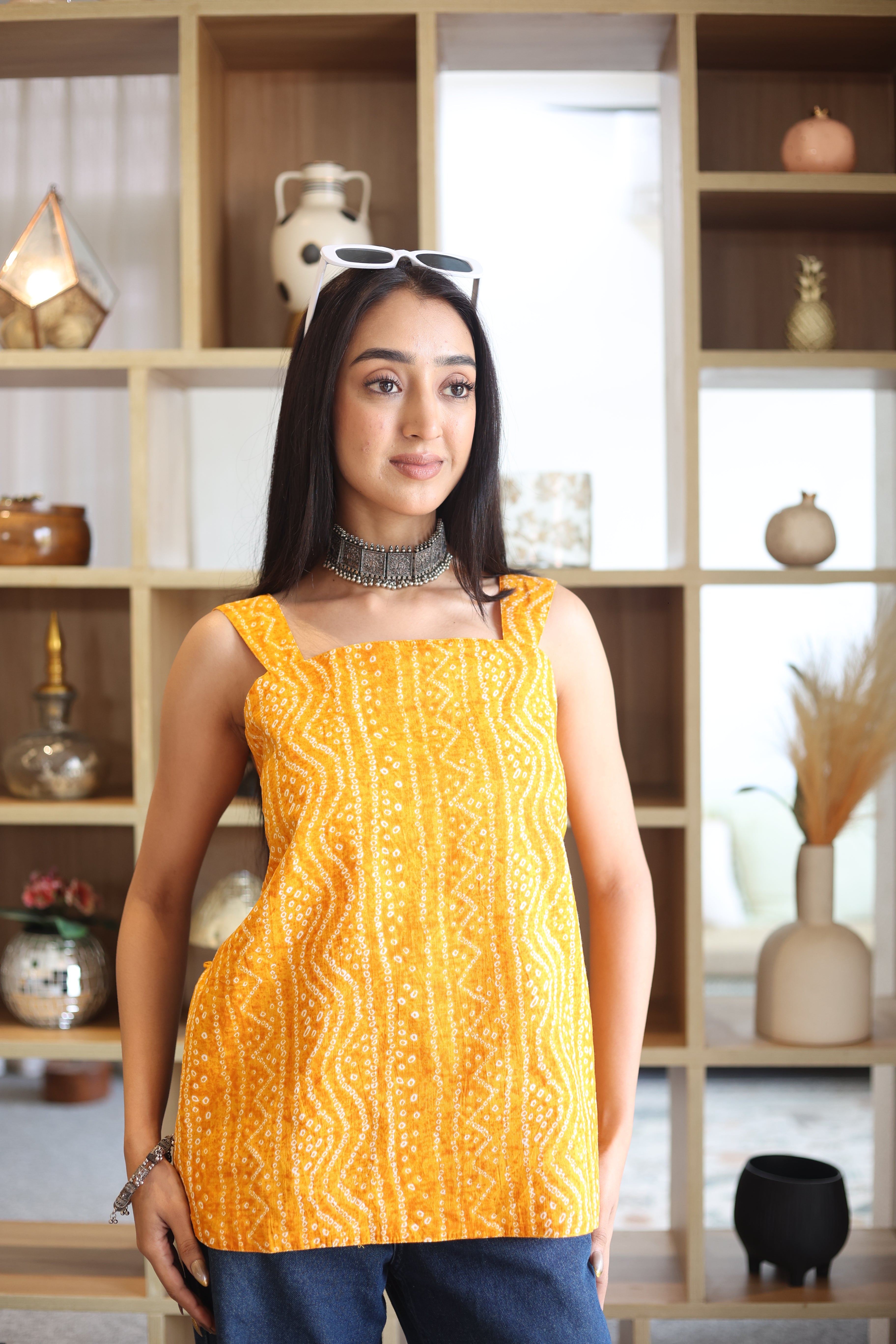 Yellow Abstract Print Cotton Square Neck Top for Women