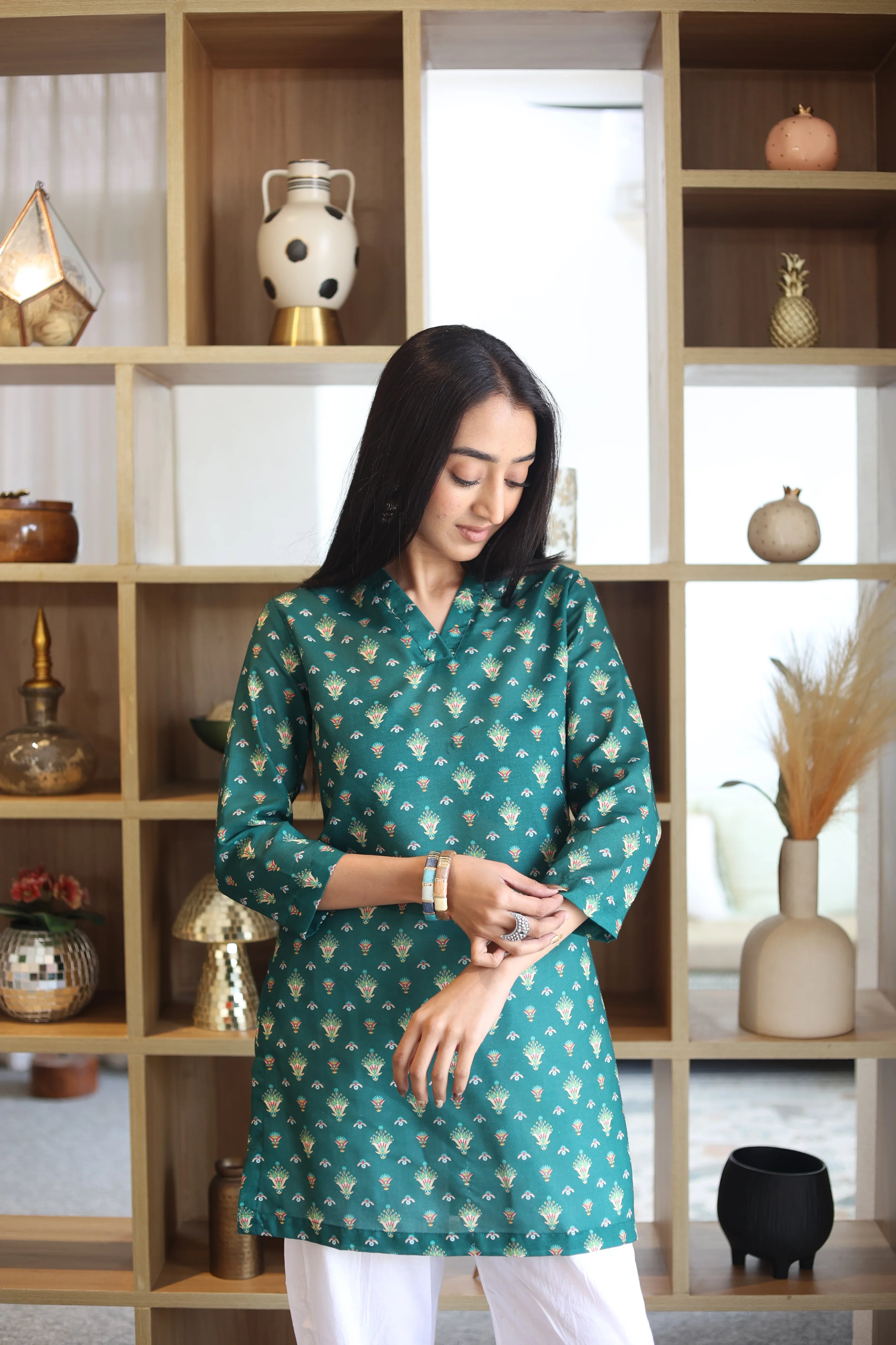 Green Printed Cotton Round Neck Top for Women - SanskrutiHomes
