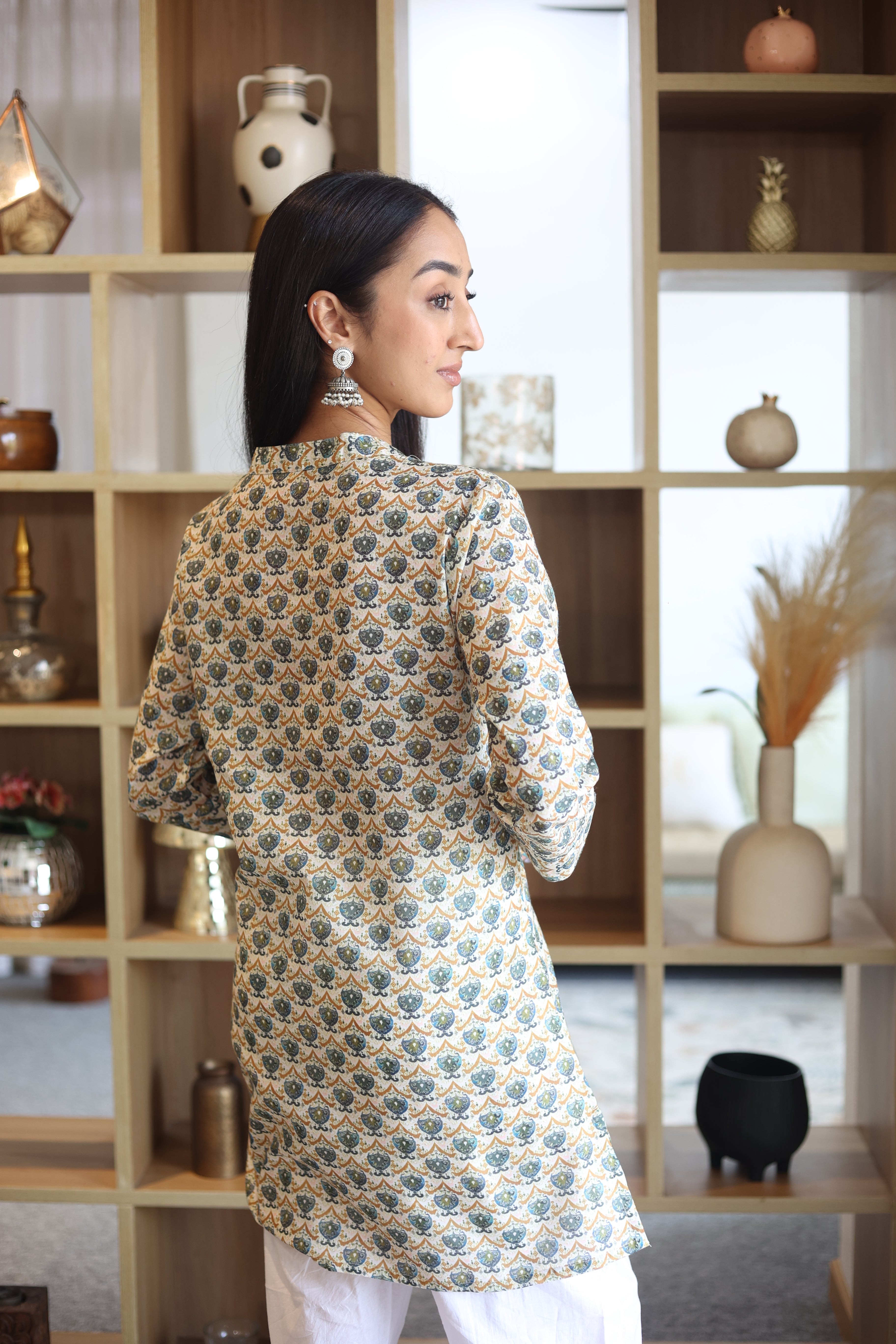 Off White Print Cotton Round Neck Top for Women