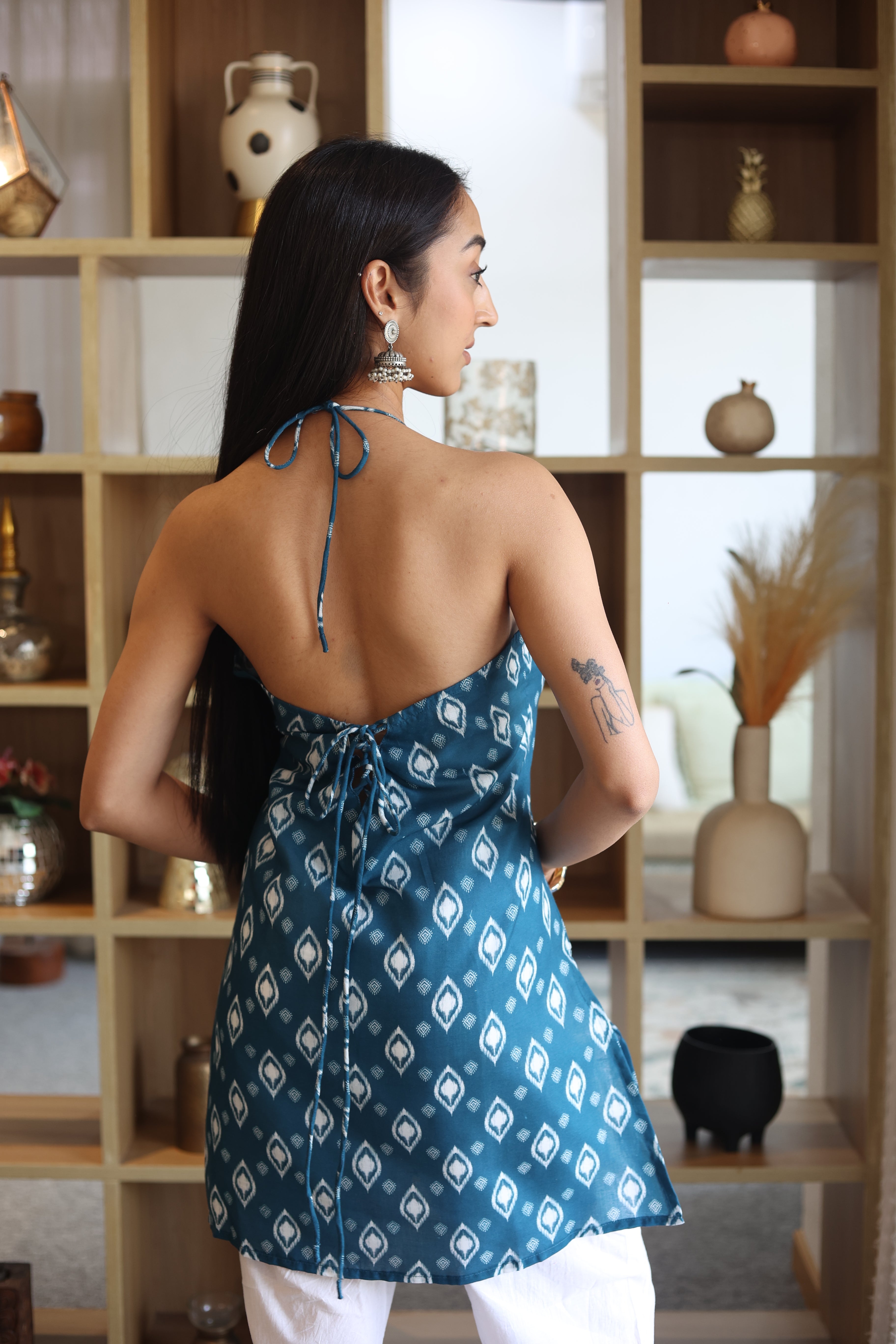 Navy Blue Printed Cotton V-Neck Top for Women