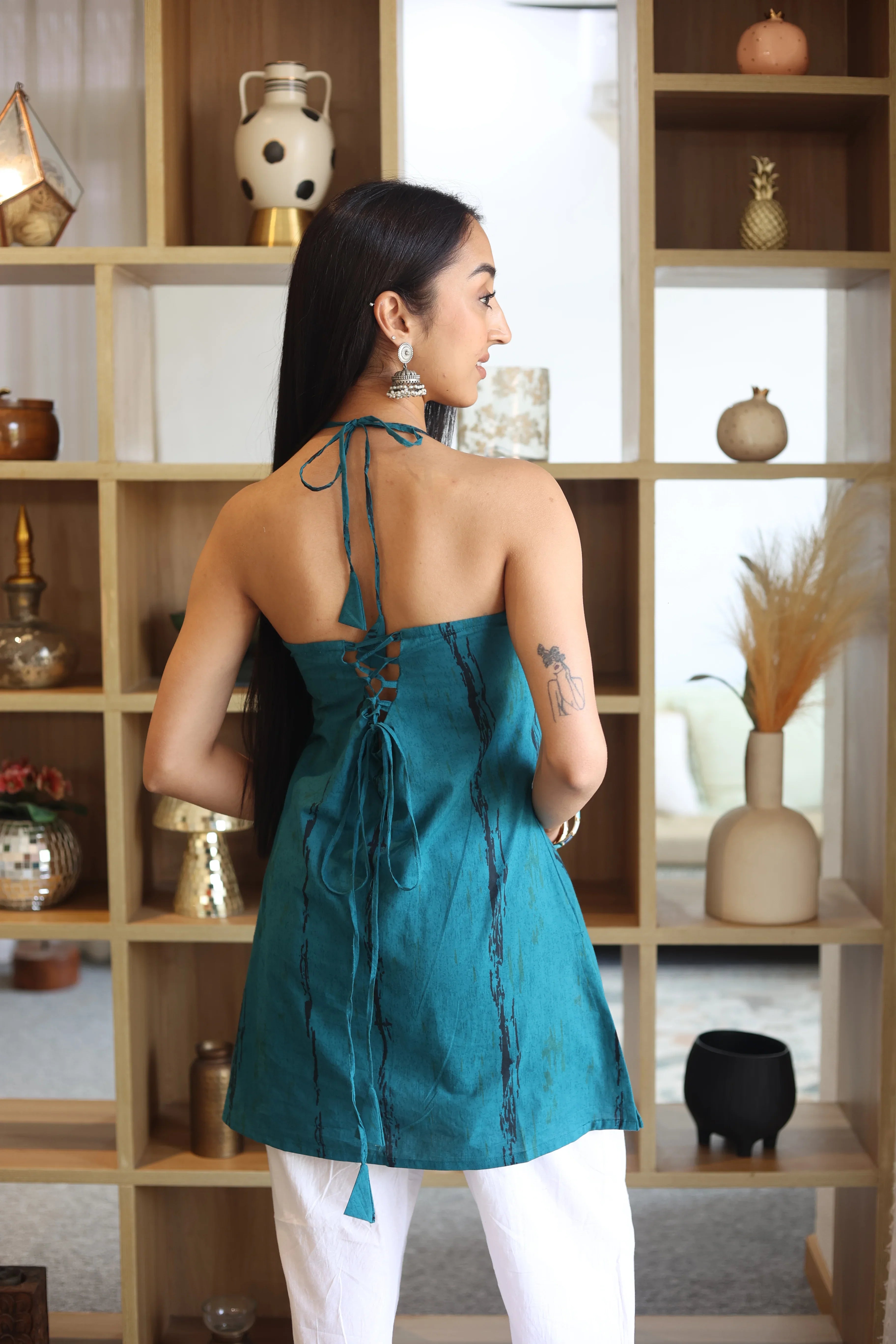 Teal Stripes Print Cotton V-Neck Top for Women - SanskrutiHomes