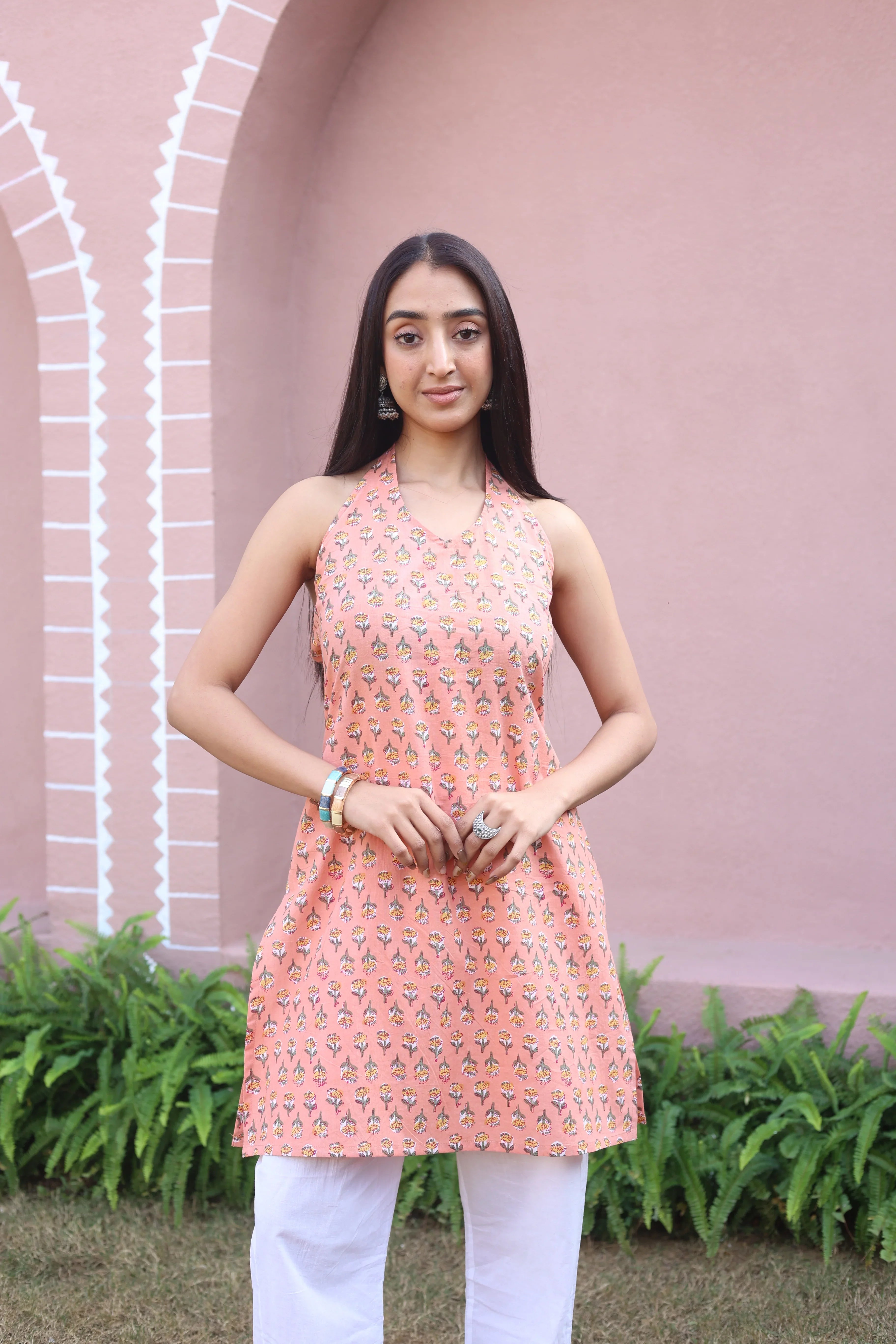 Peach Floral Print Cotton V-Neck Top for Women - SanskrutiHomes