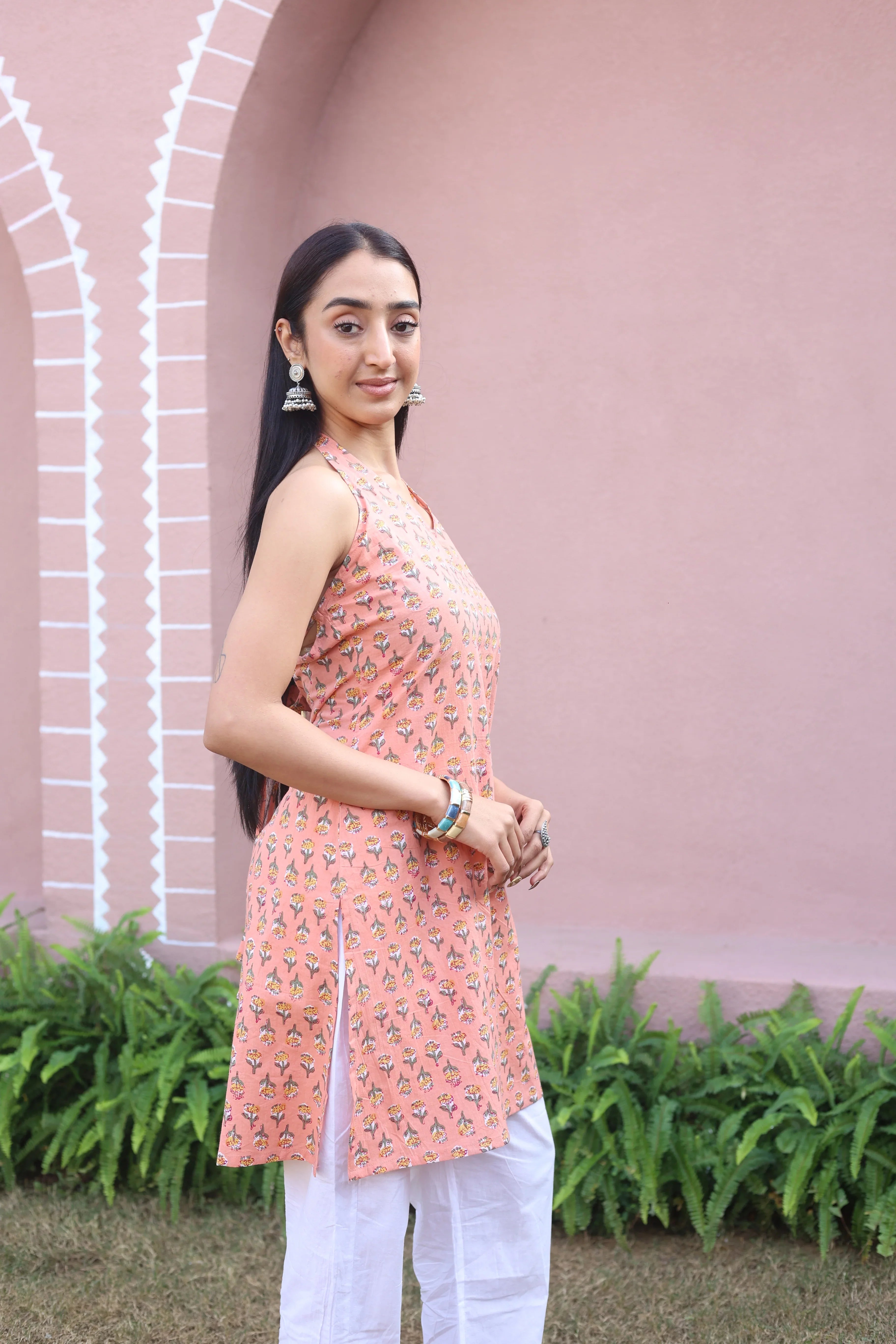 Peach Floral Print Cotton V-Neck Top for Women - SanskrutiHomes