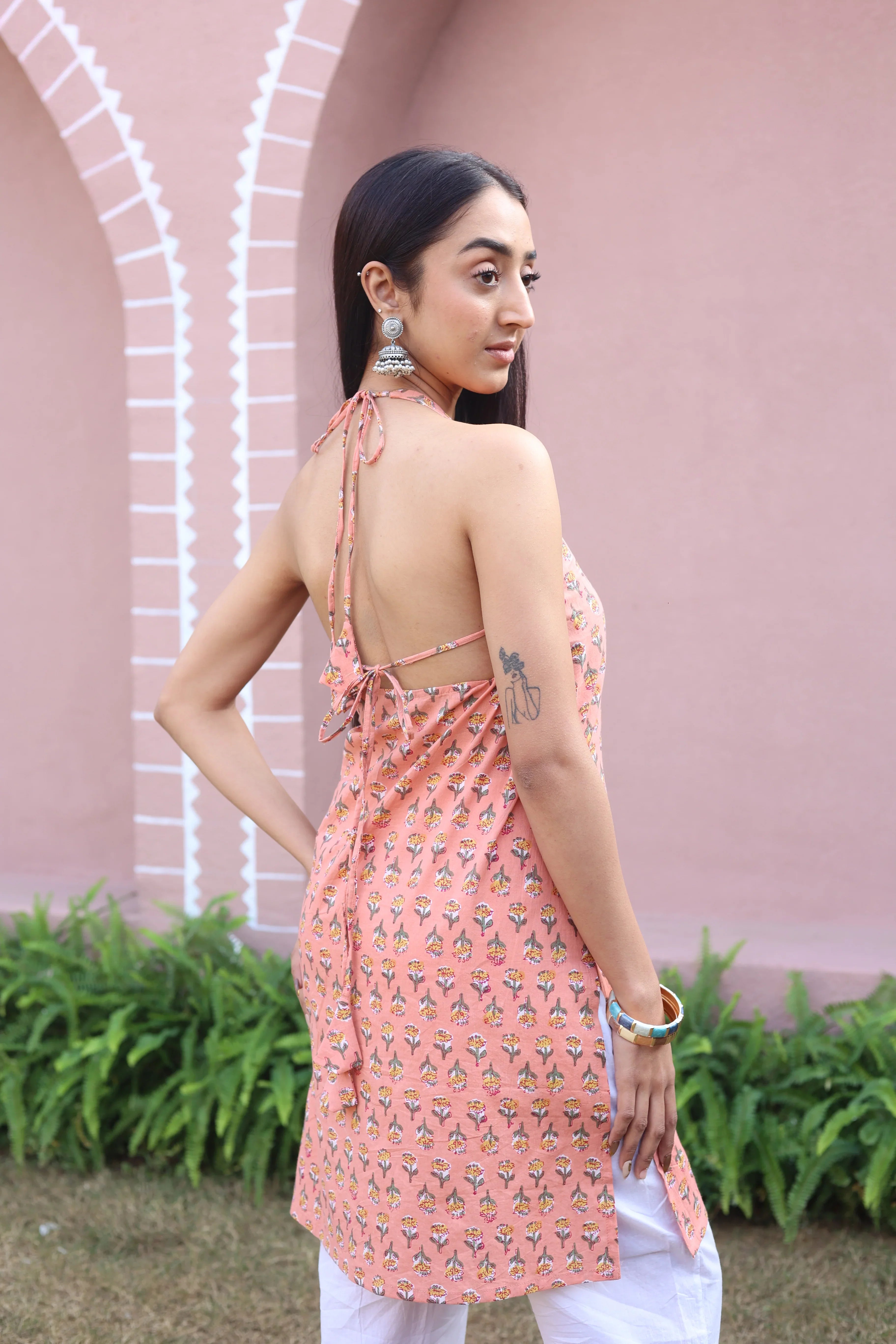 Peach Floral Print Cotton V-Neck Top for Women - SanskrutiHomes
