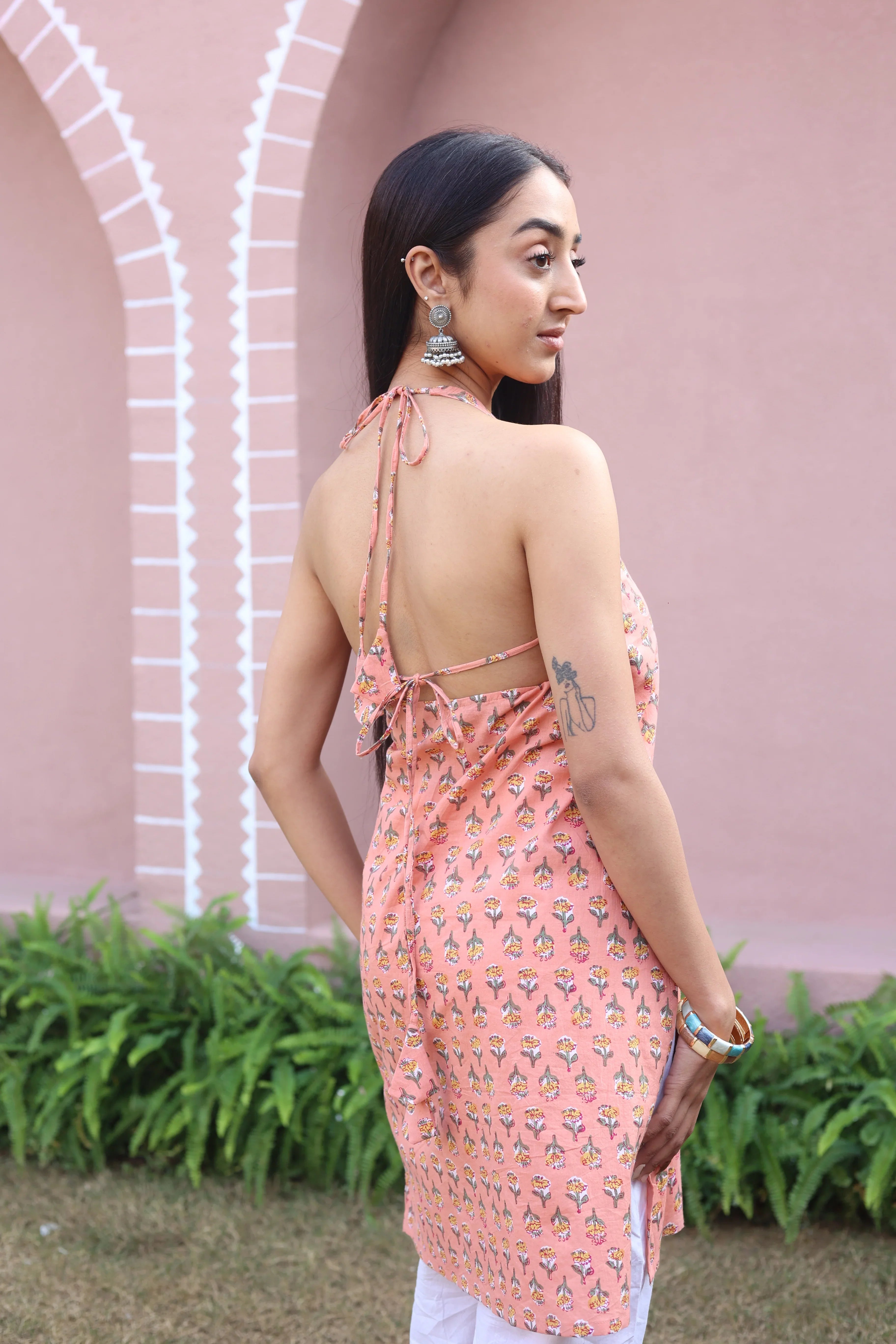 Peach Floral Print Cotton V-Neck Top for Women - SanskrutiHomes