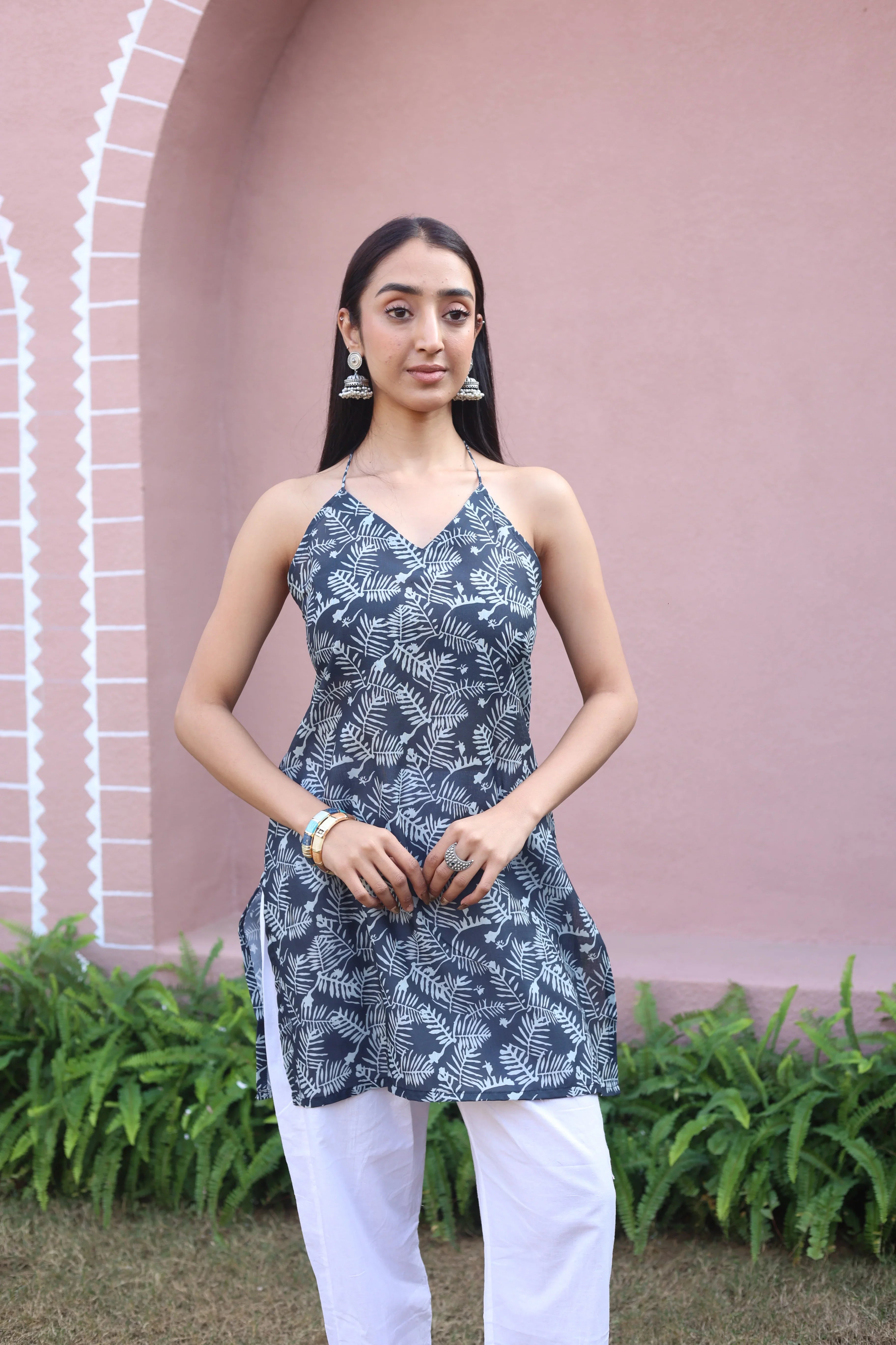 Blue Floral Print Cotton V-Neck Top for Women - SanskrutiHomes