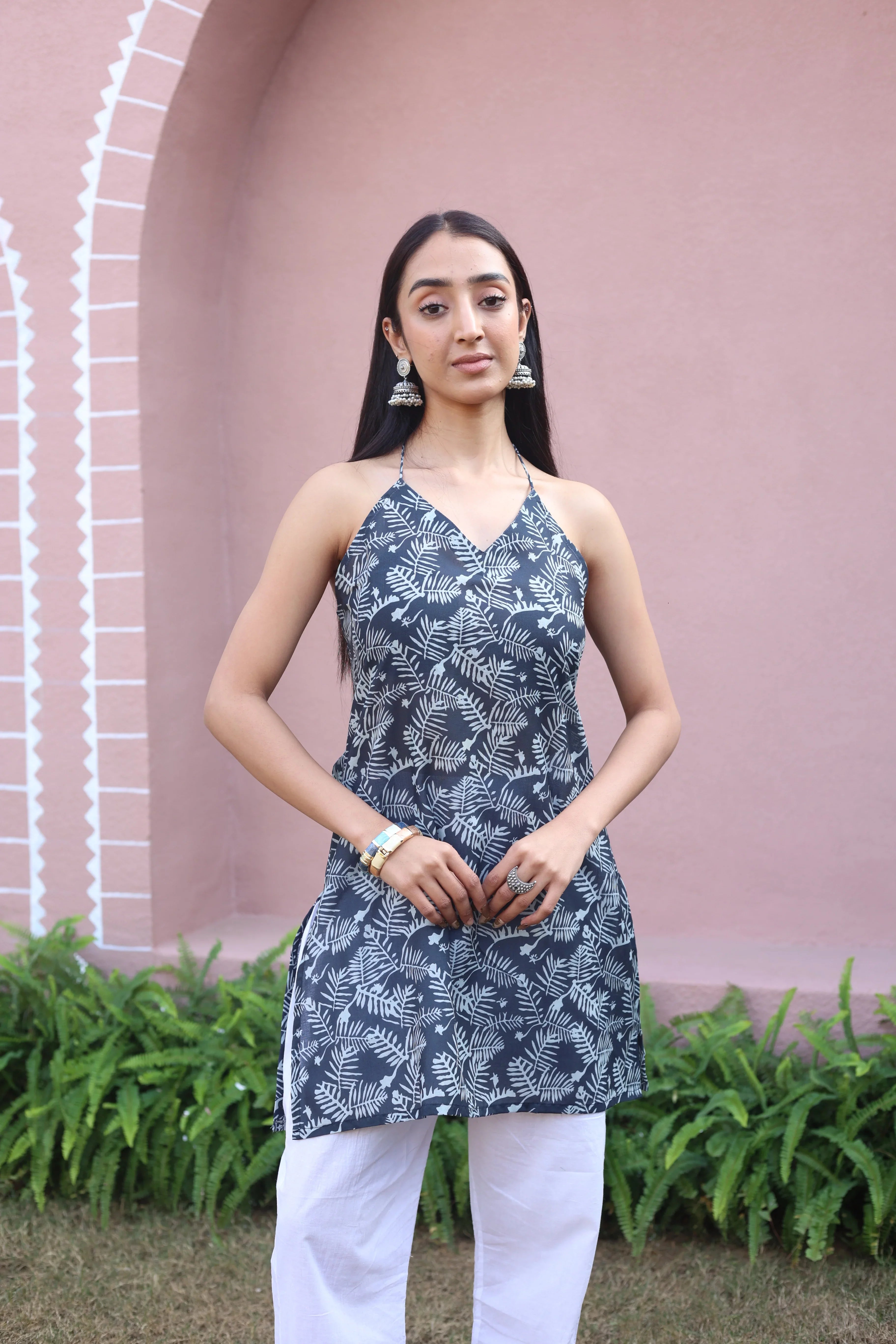Blue Floral Print Cotton V-Neck Top for Women - SanskrutiHomes