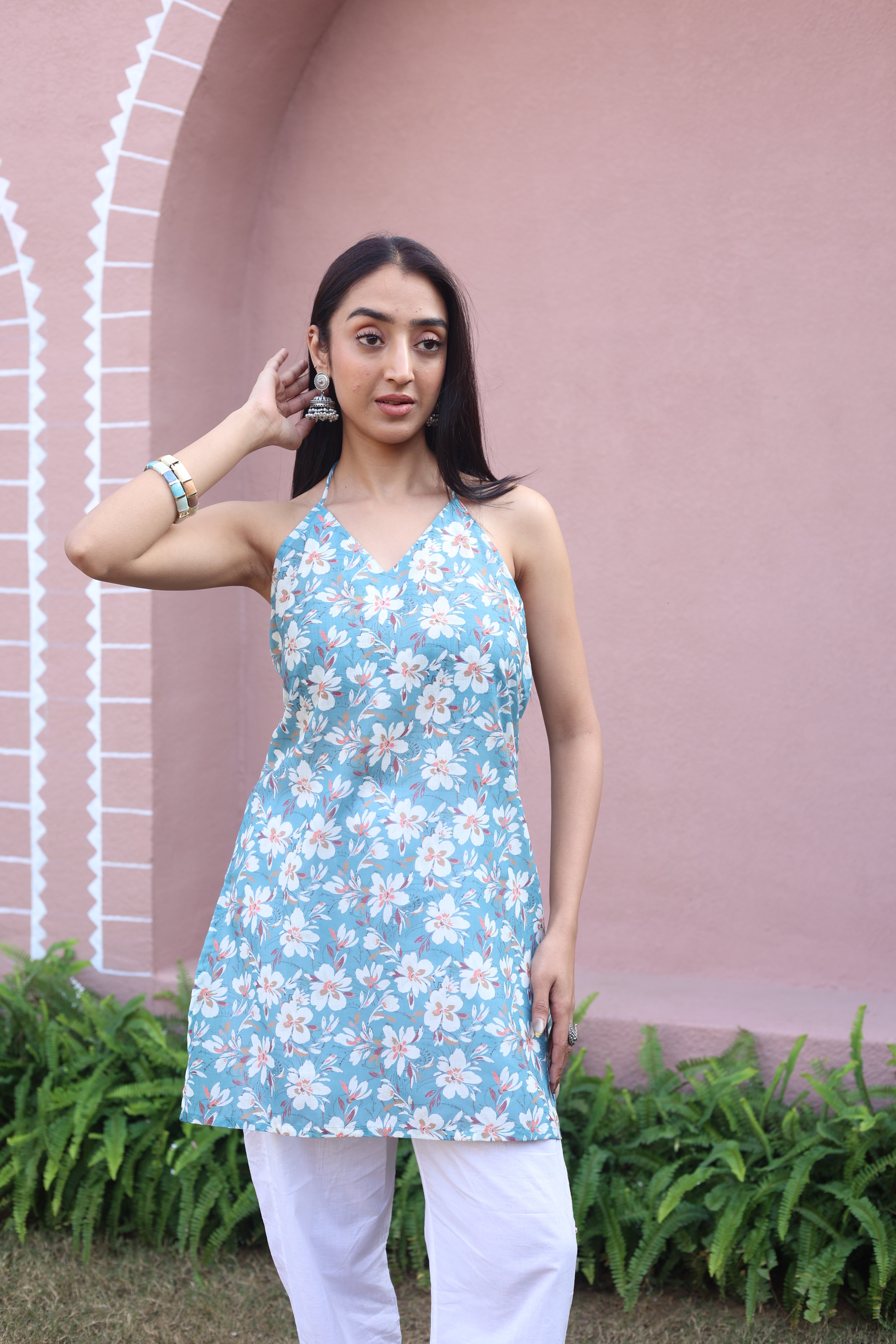 Grey Floral Print Cotton V-Neck Top for Women