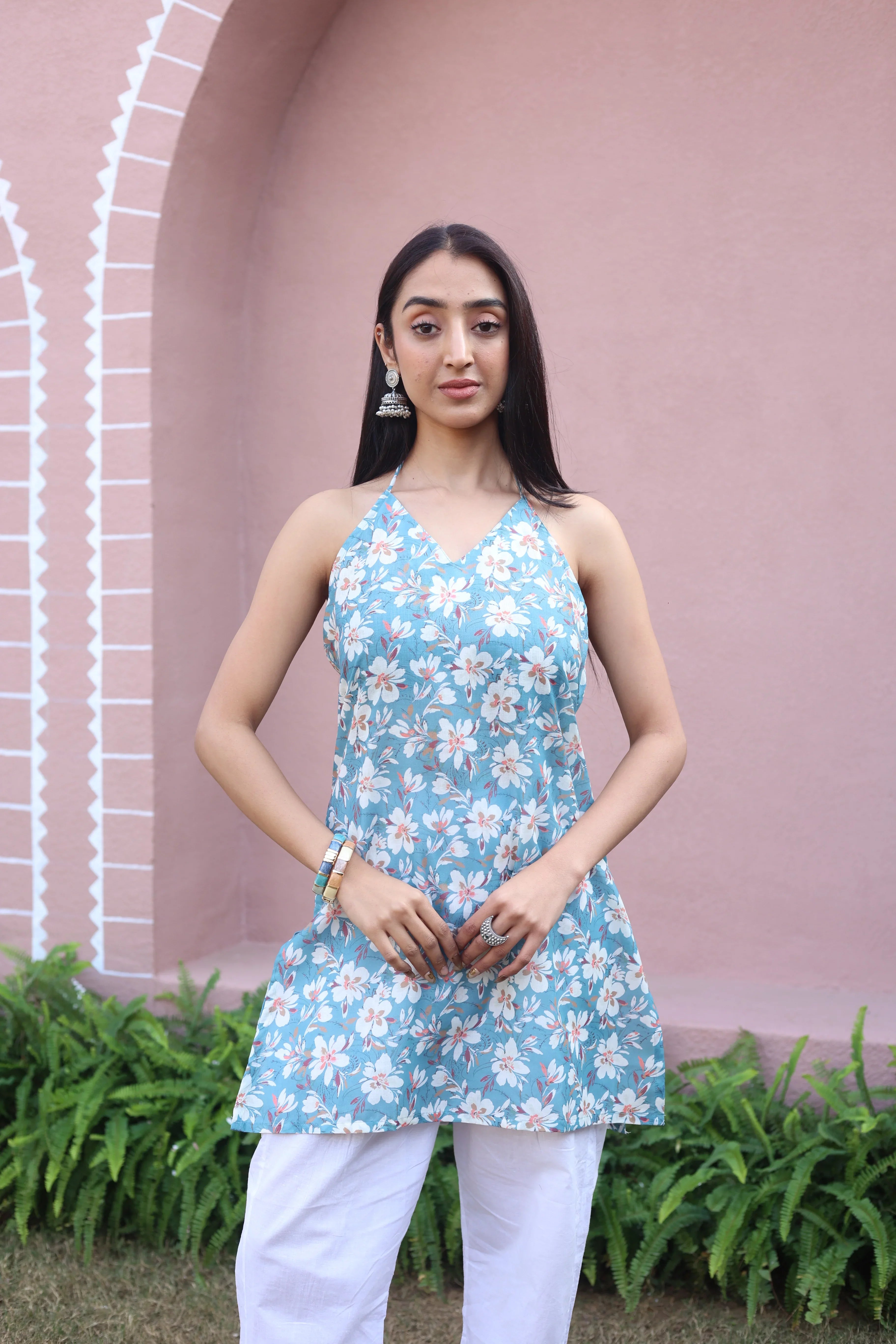 Grey Floral Print Cotton V-Neck Top for Women - SanskrutiHomes