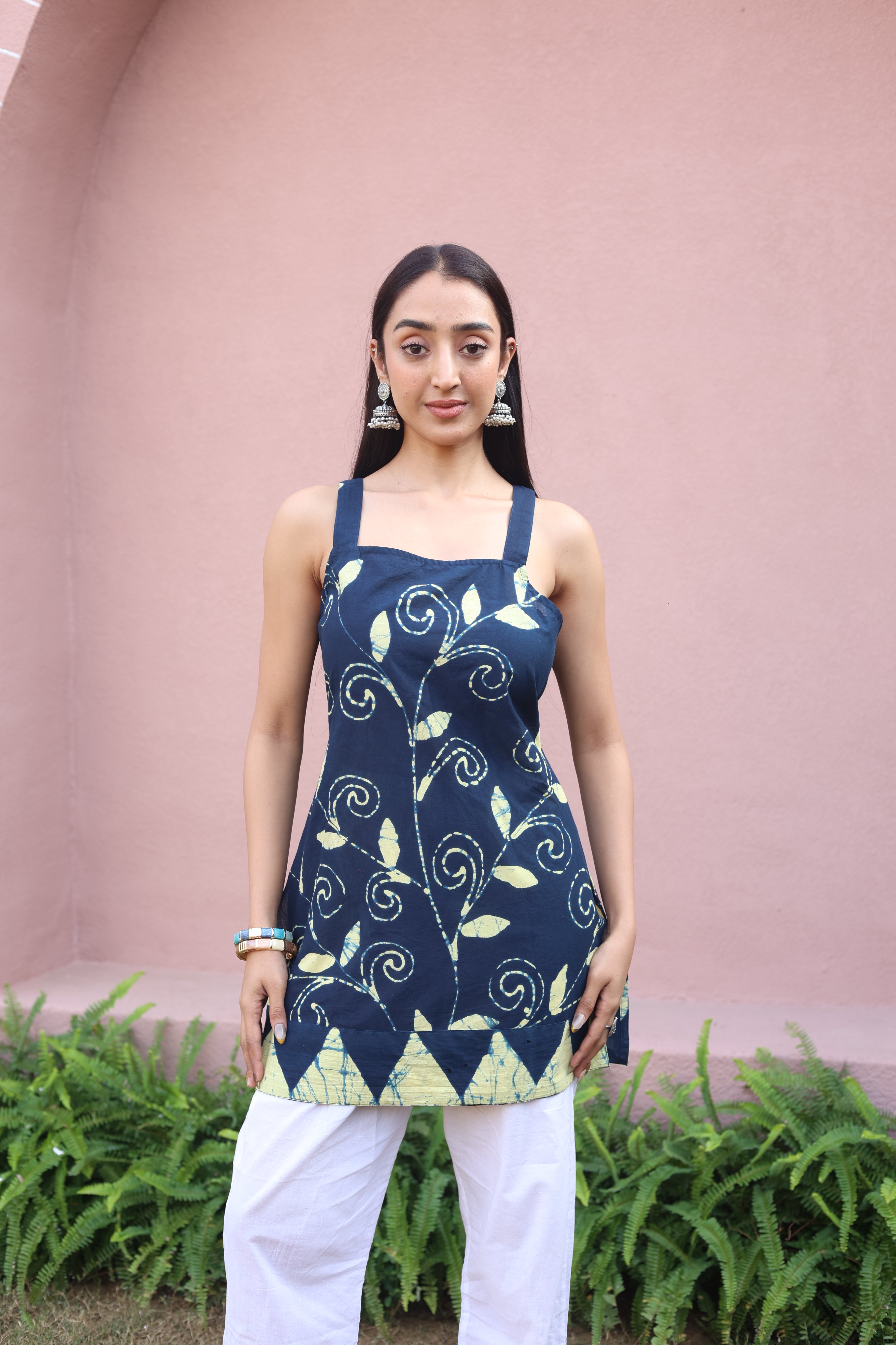 Navy Blue Floral Print Cotton Square Neck Top for Women