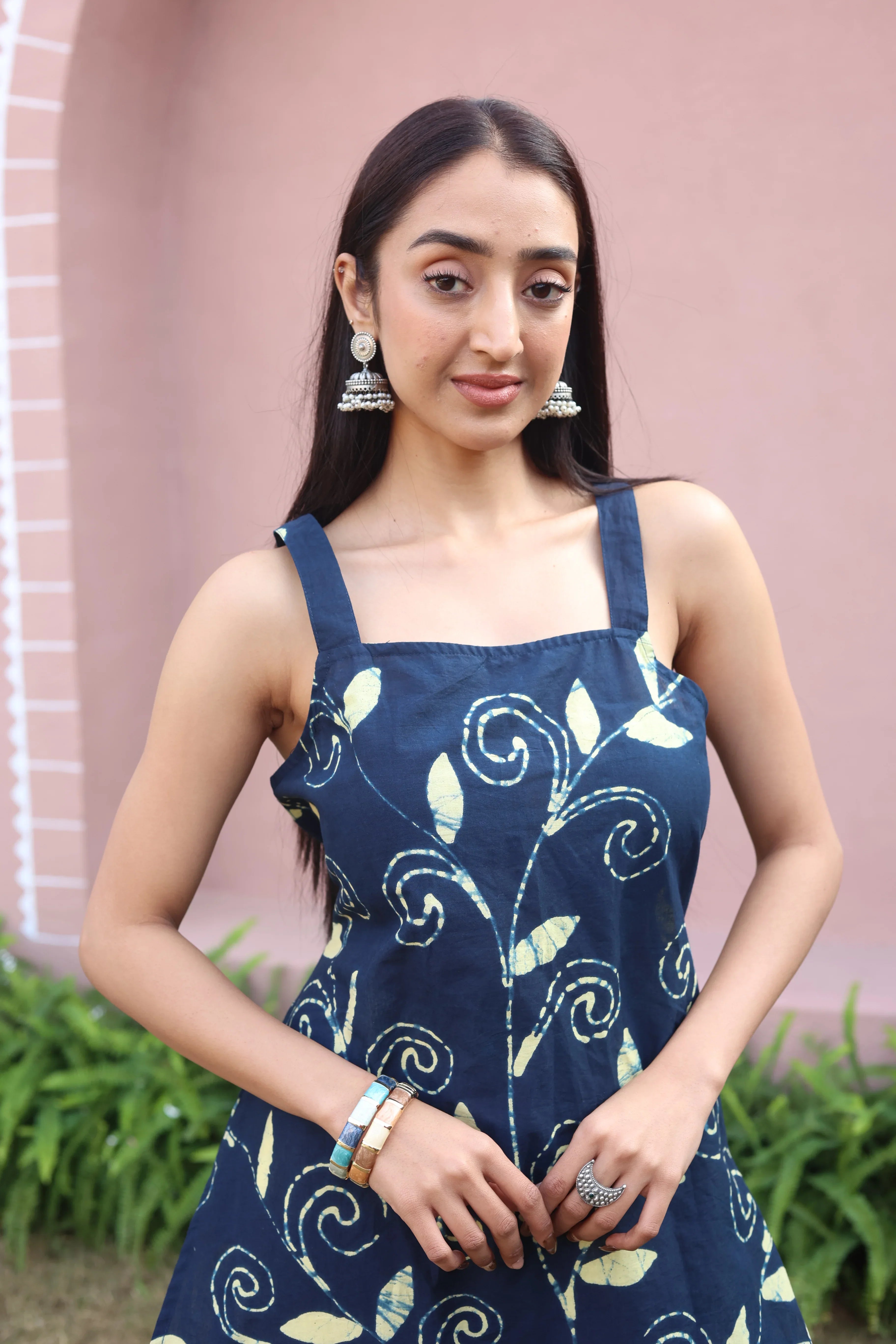 Navy Blue Floral Print Cotton Square Neck Top for Women - SanskrutiHomes
