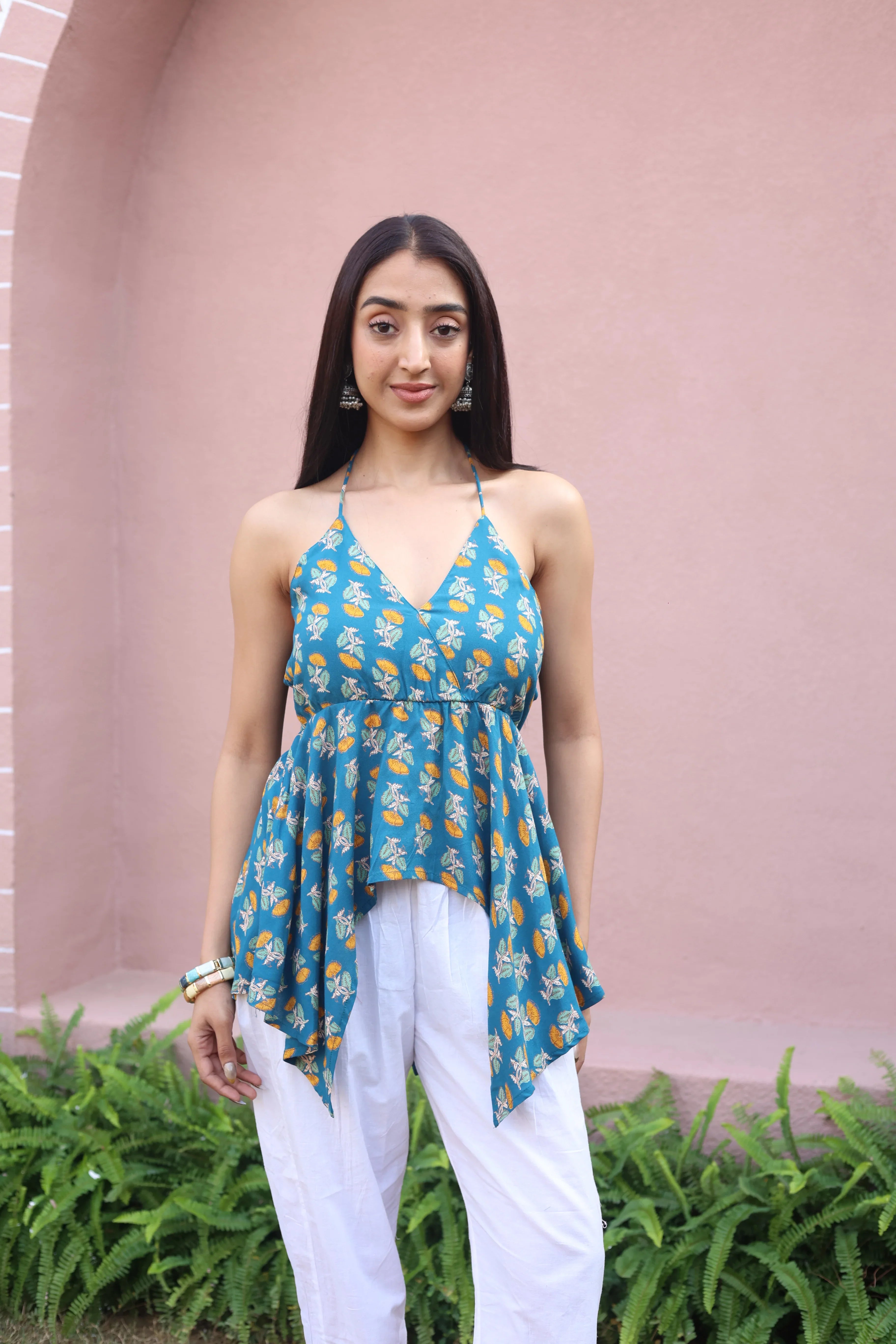 Sea Green Floral Cotton V-Neck Top for Women - SanskrutiHomes