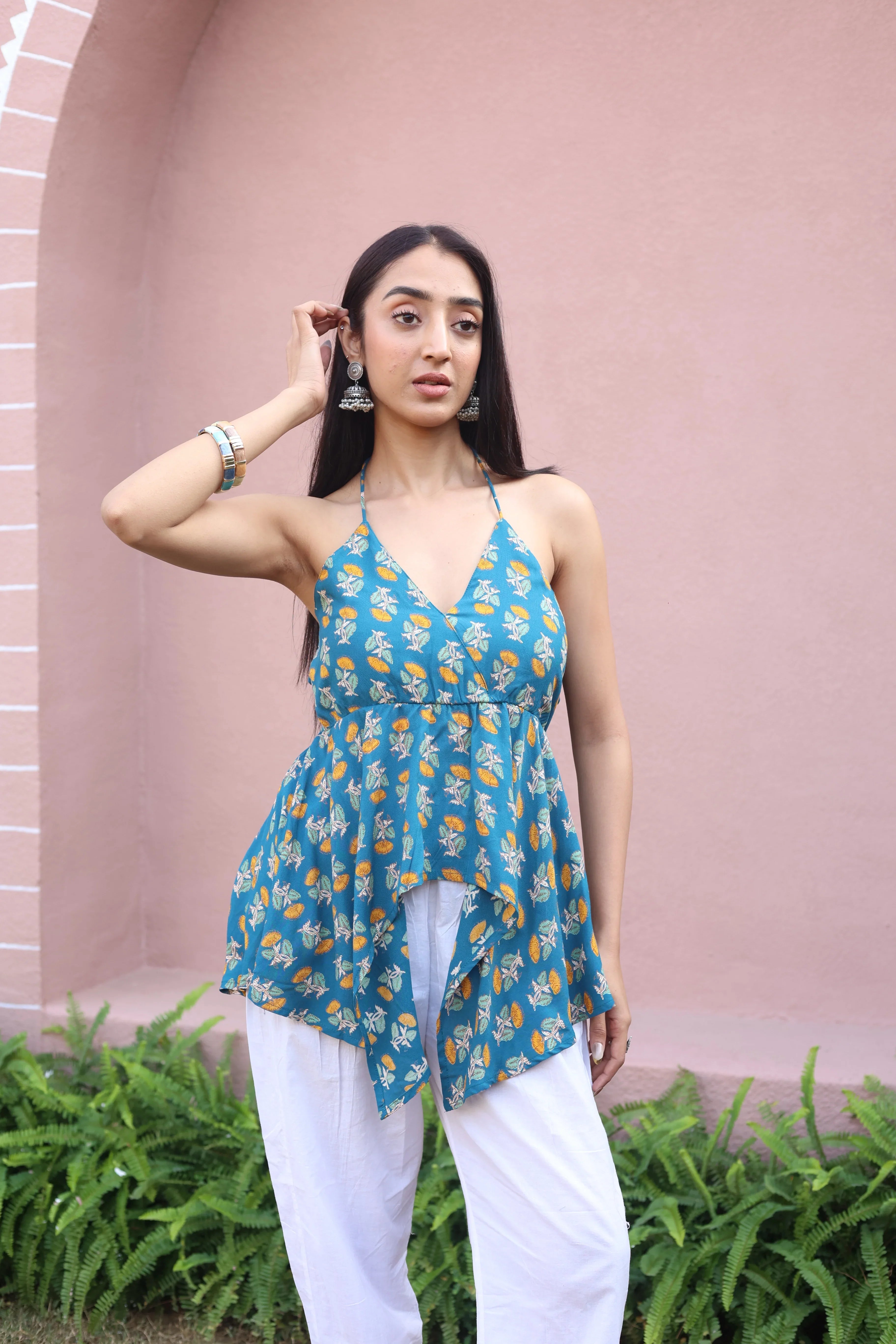 Sea Green Floral Cotton V-Neck Top for Women - SanskrutiHomes