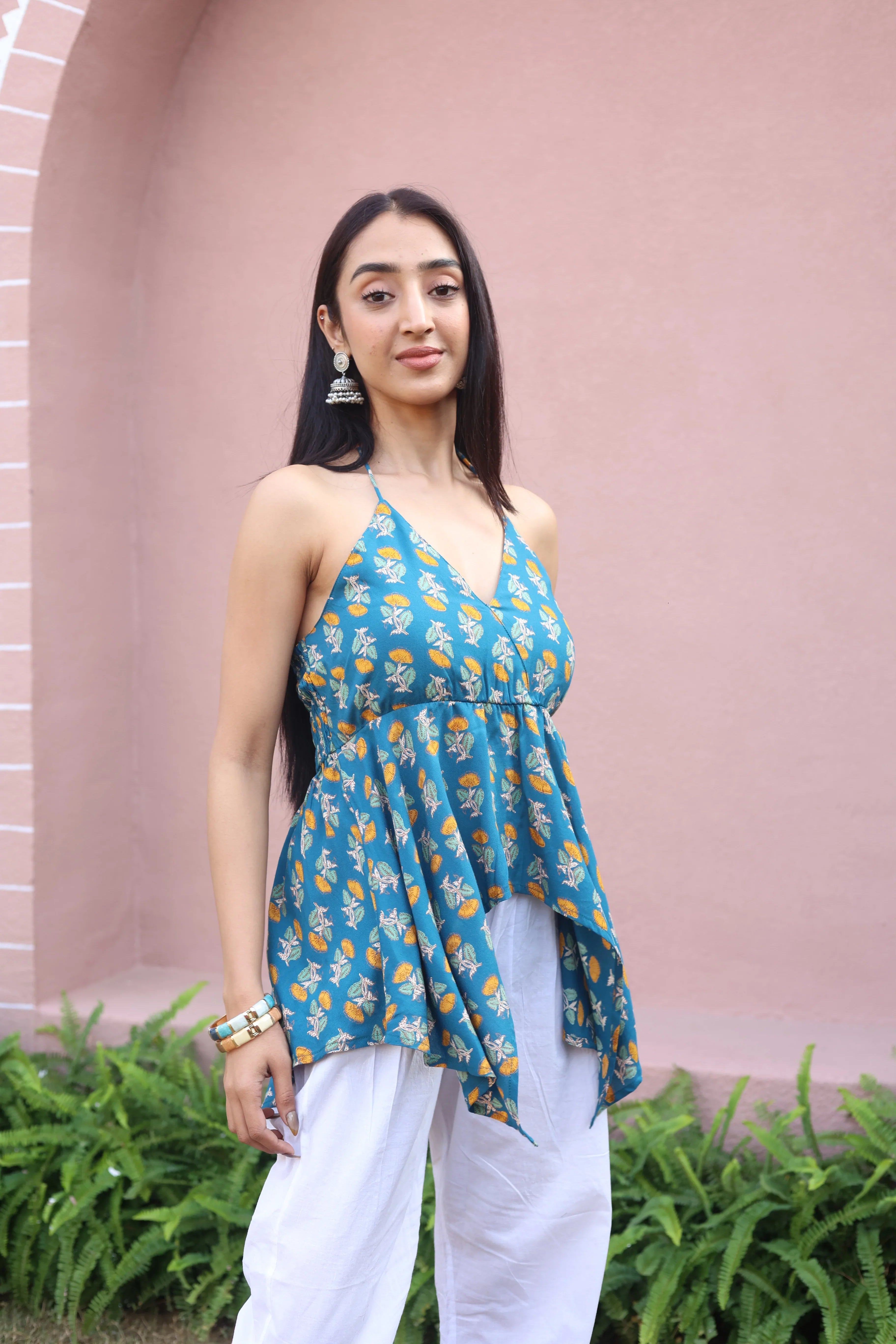 Sea Green Floral Cotton V-Neck Top for Women - SanskrutiHomes