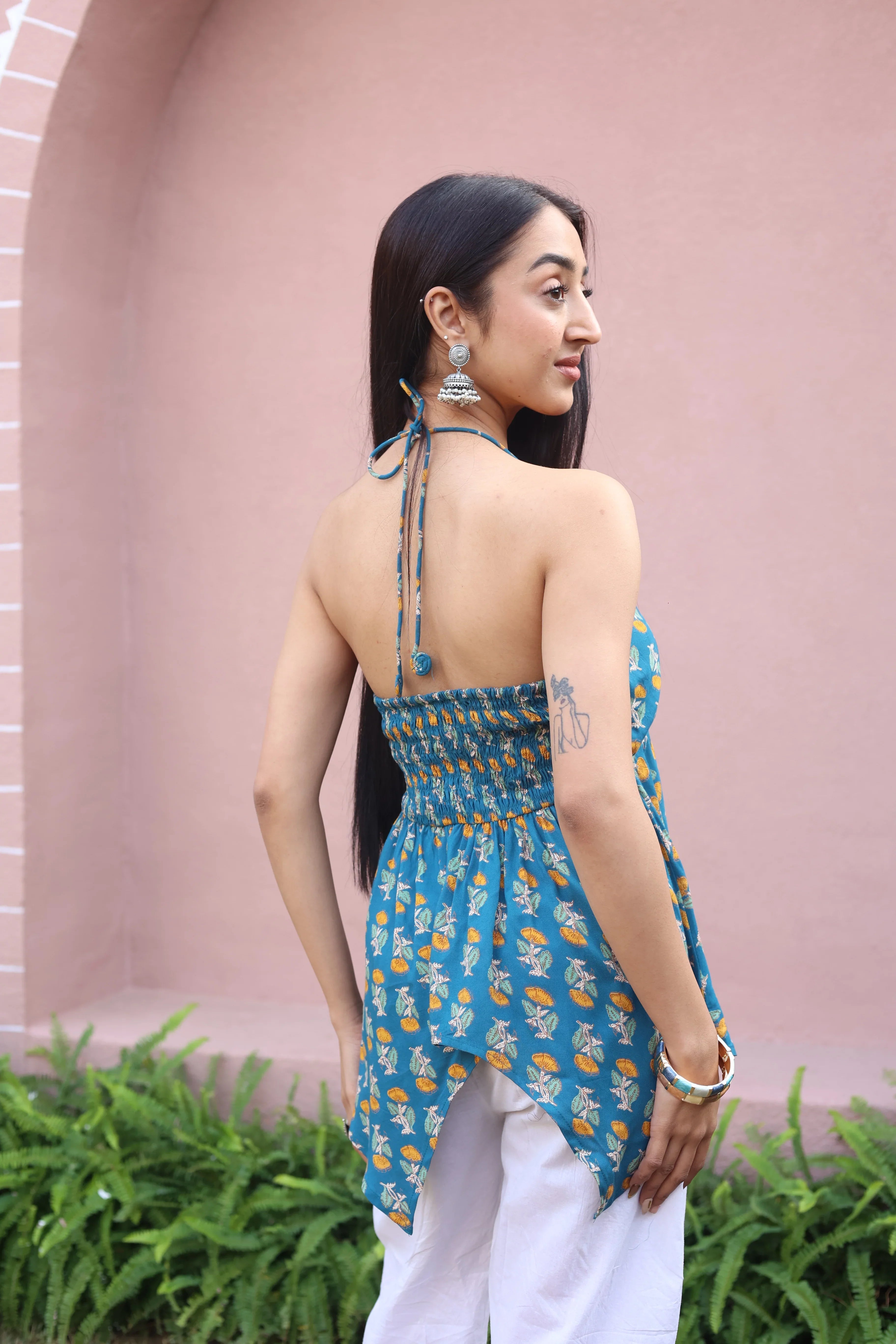 Sea Green Floral Cotton V-Neck Top for Women - SanskrutiHomes