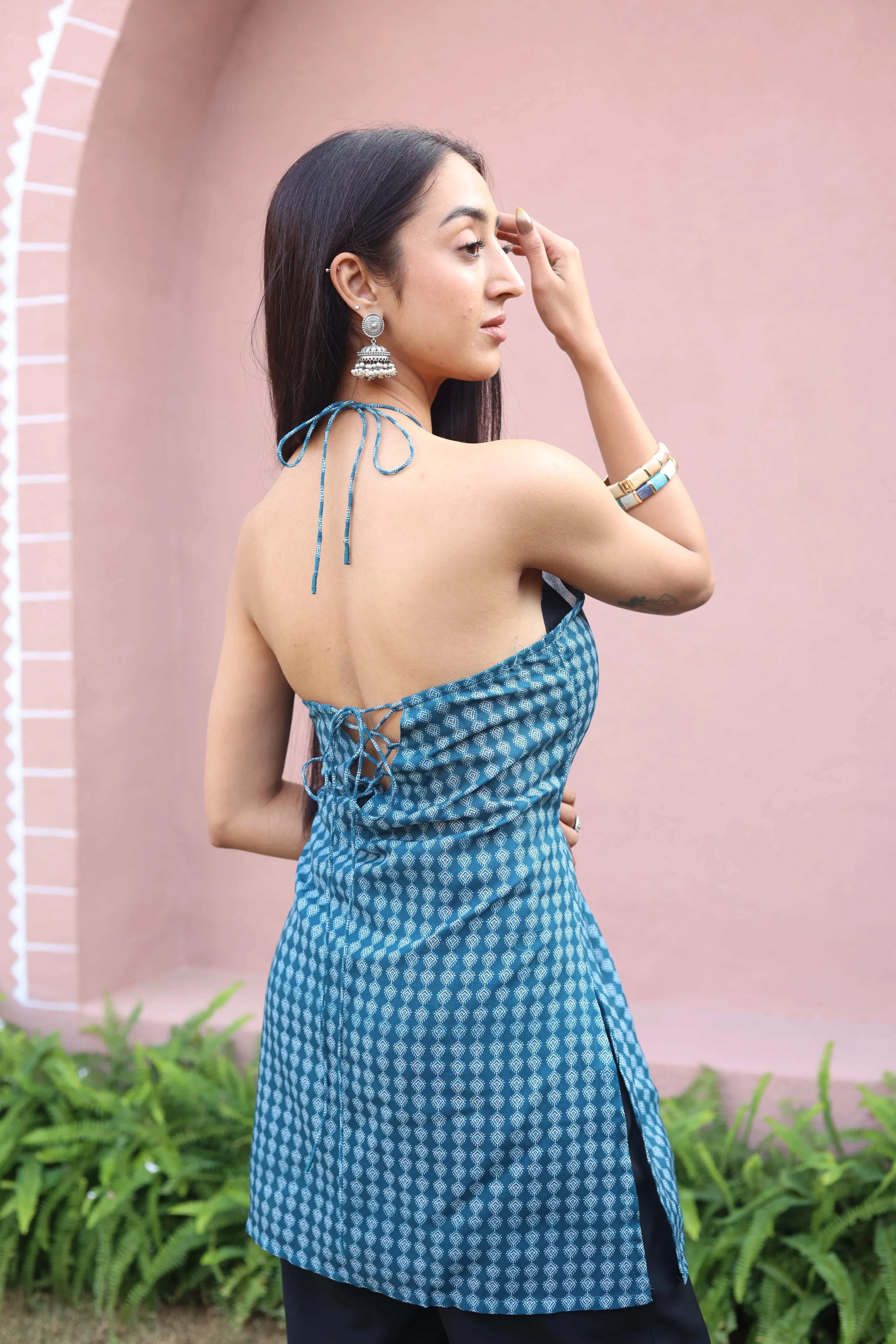 Teal Geometric Print Cotton V-Neck Top for Women - SanskrutiHomes