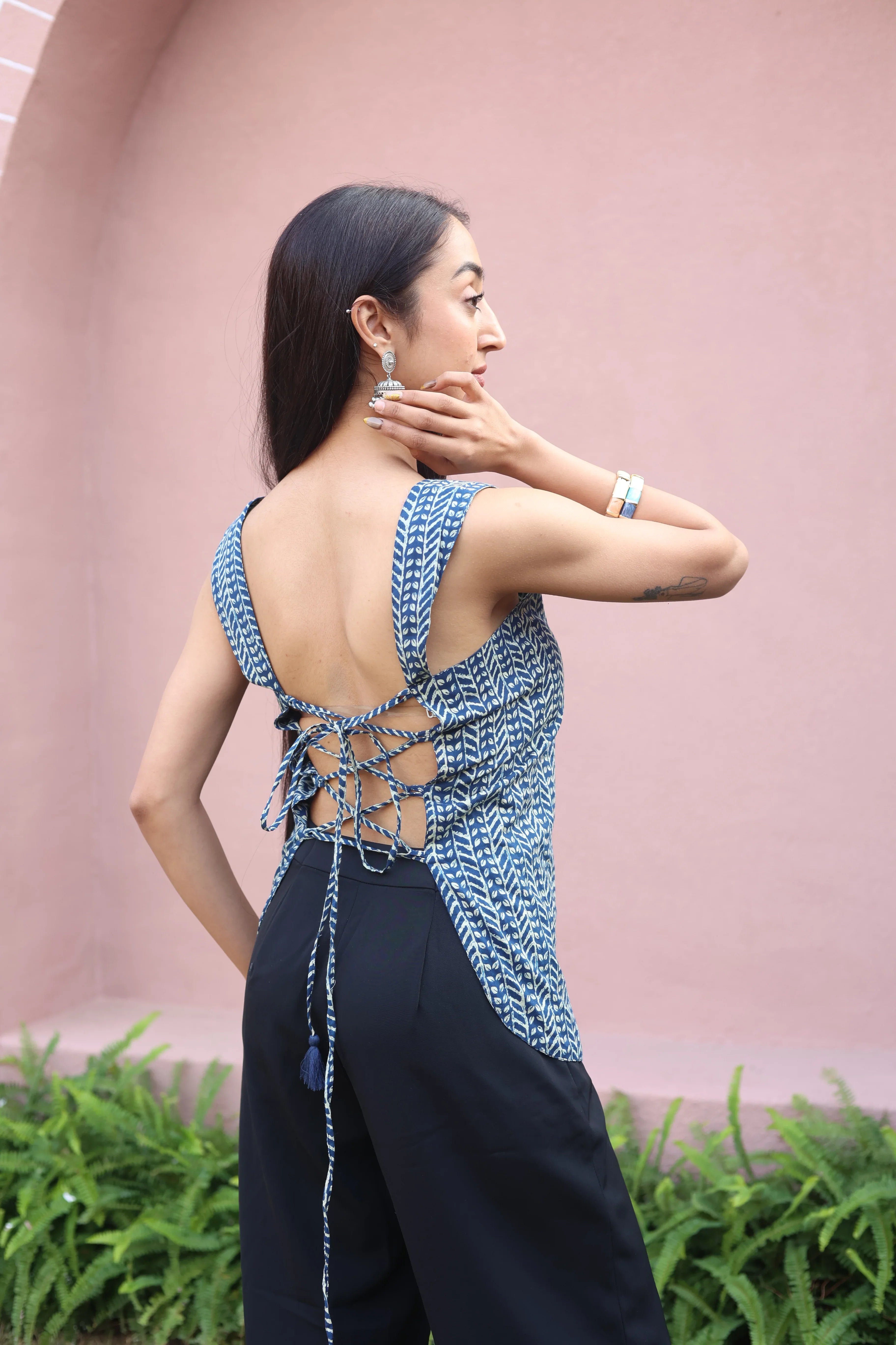 Blue Abstract Print Cotton Square Neck Top for Women - SanskrutiHomes