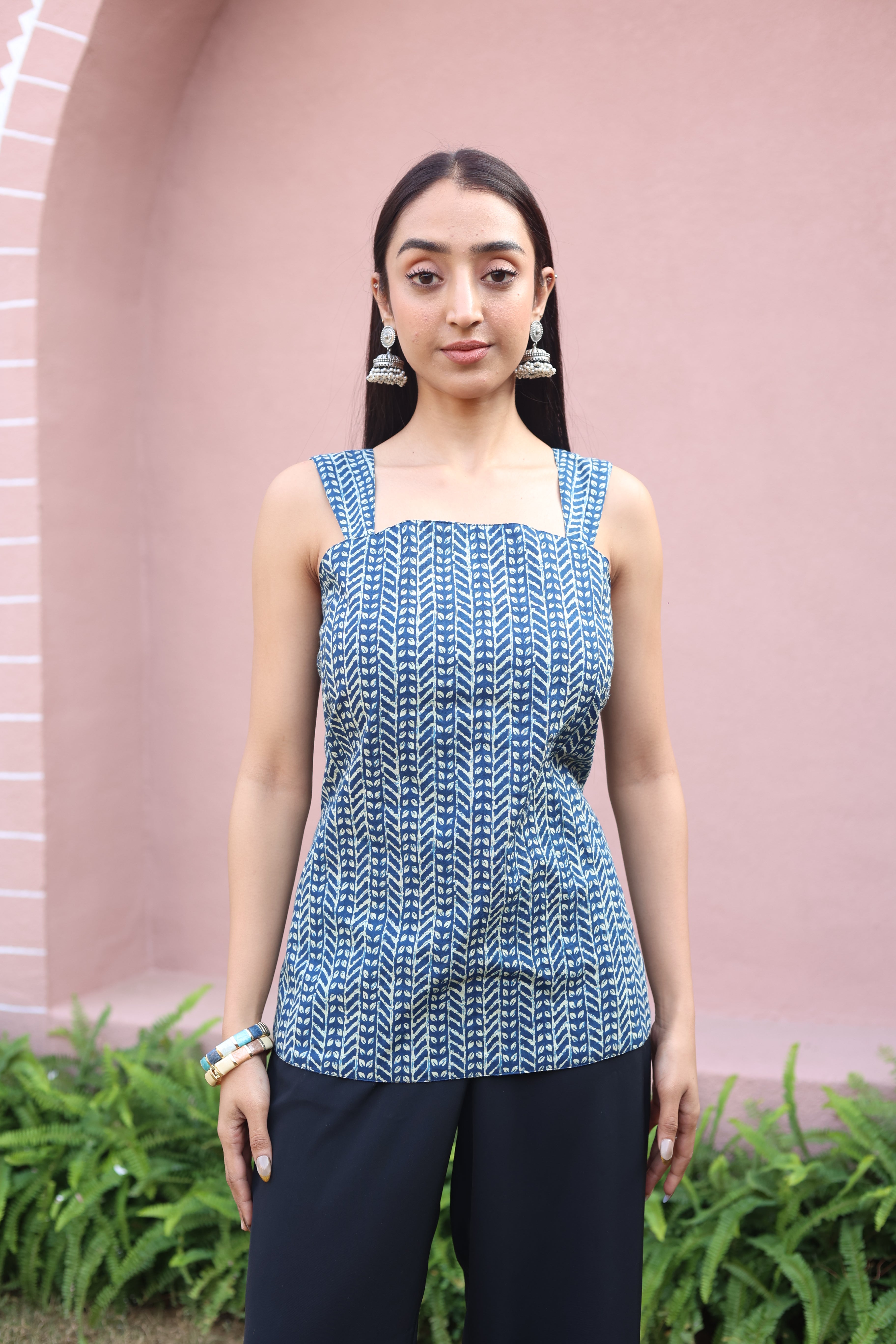 Blue Abstract Print Cotton Square Neck Top for Women