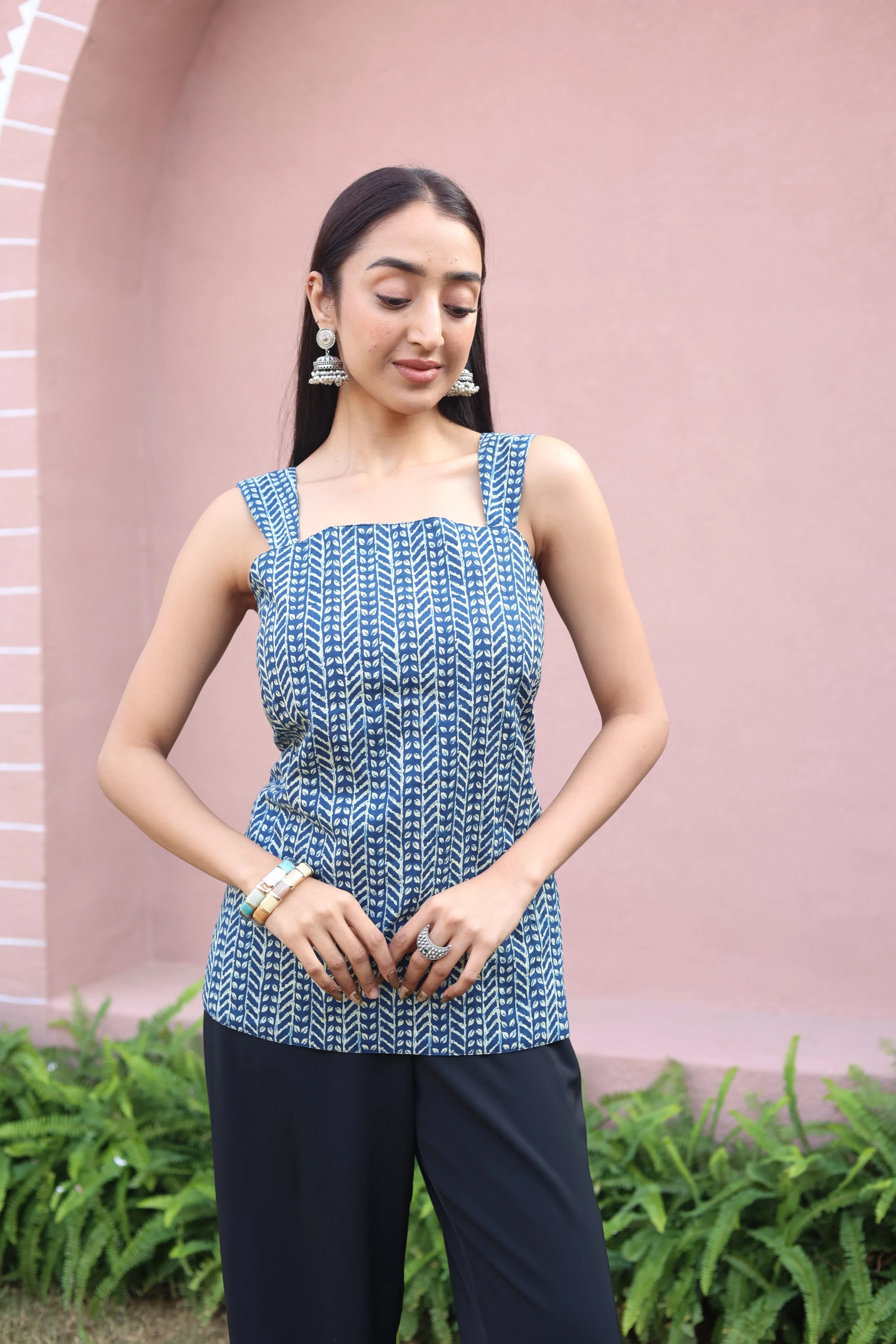 Blue Abstract Print Cotton Square Neck Top for Women - SanskrutiHomes