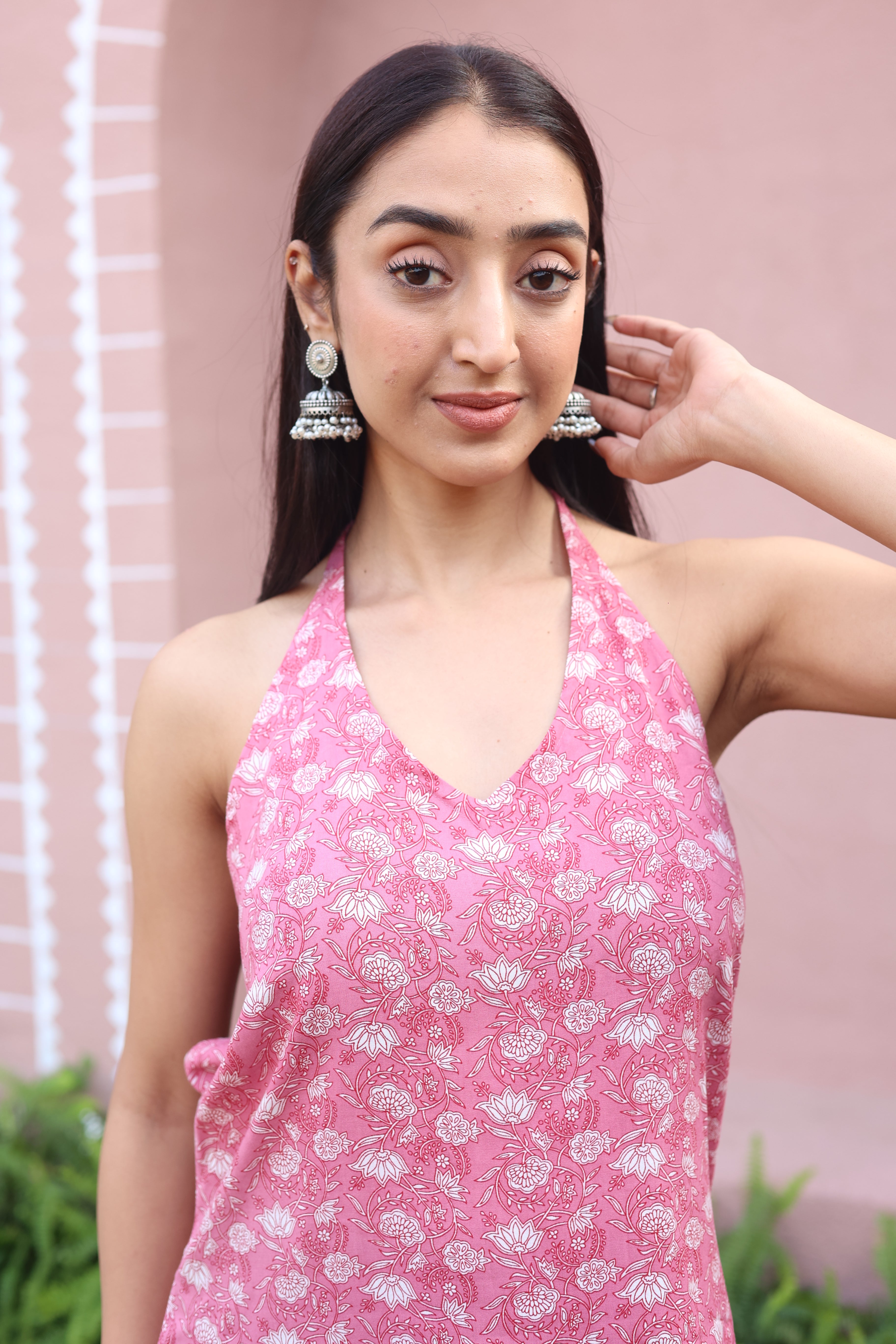Pink Printed Viscose Rayon Halter Neck Top for Women