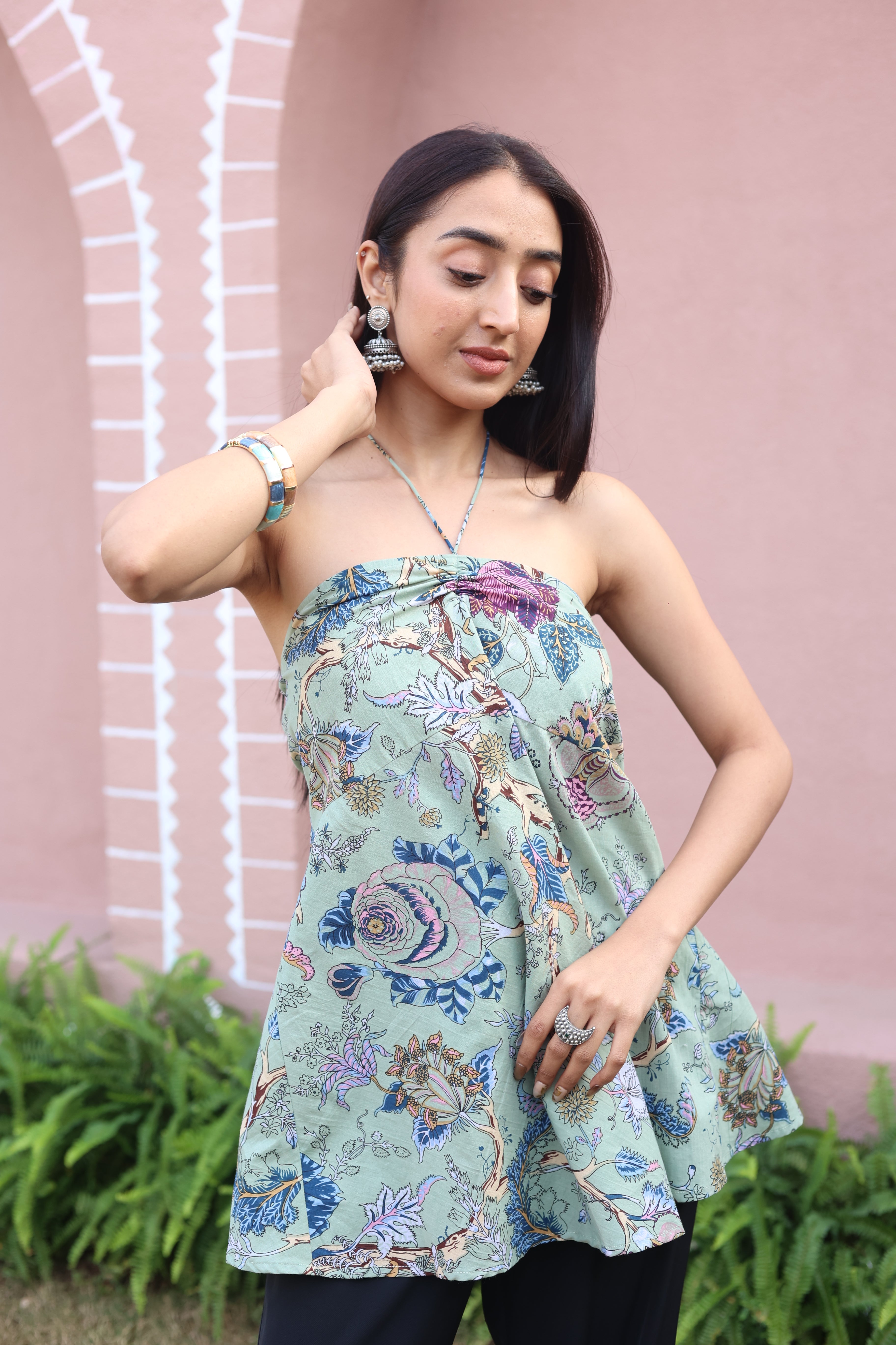 Green Floral Print Cotton Tie-Up Neck Top for Women