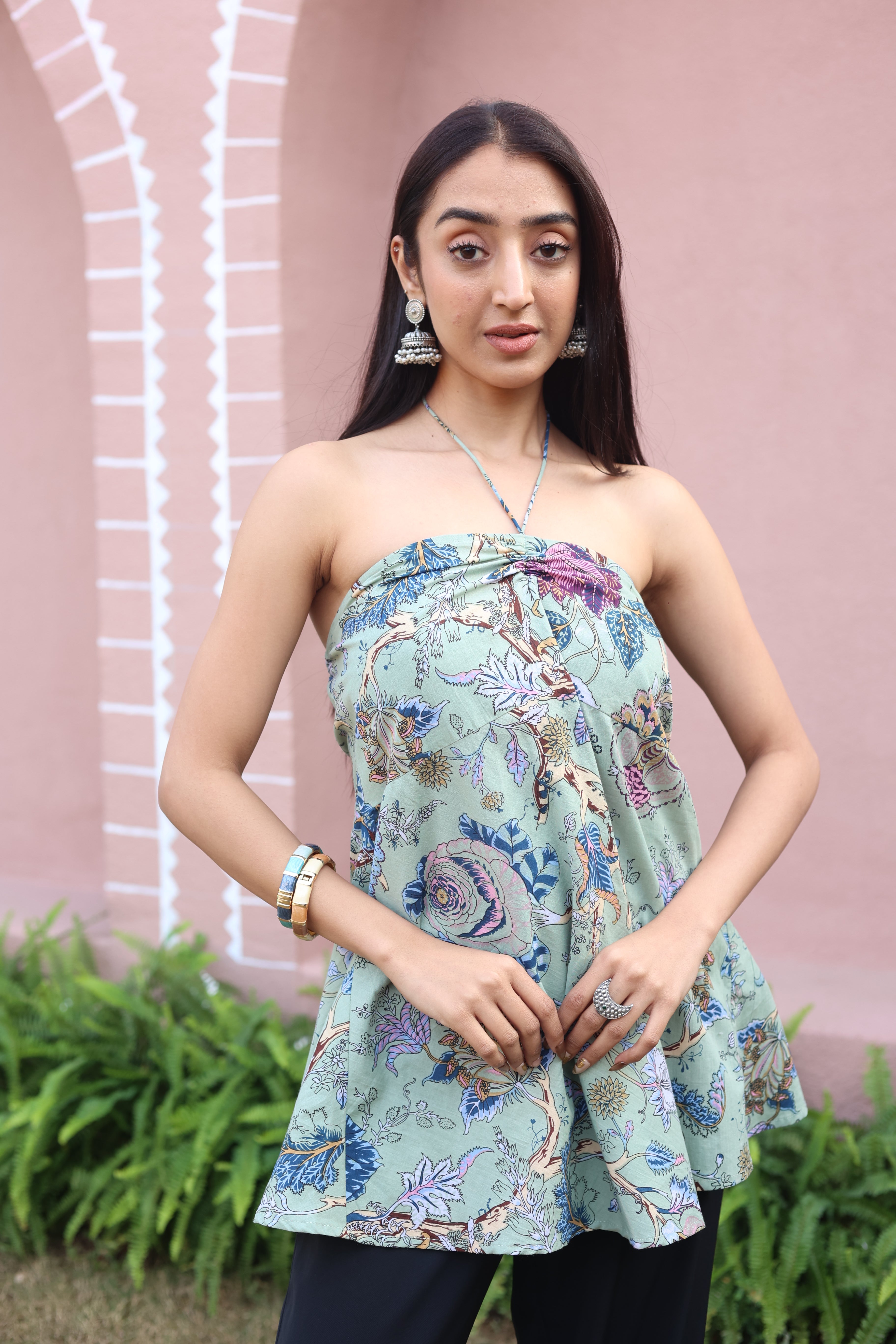 Green Floral Print Cotton Tie-Up Neck Top for Women