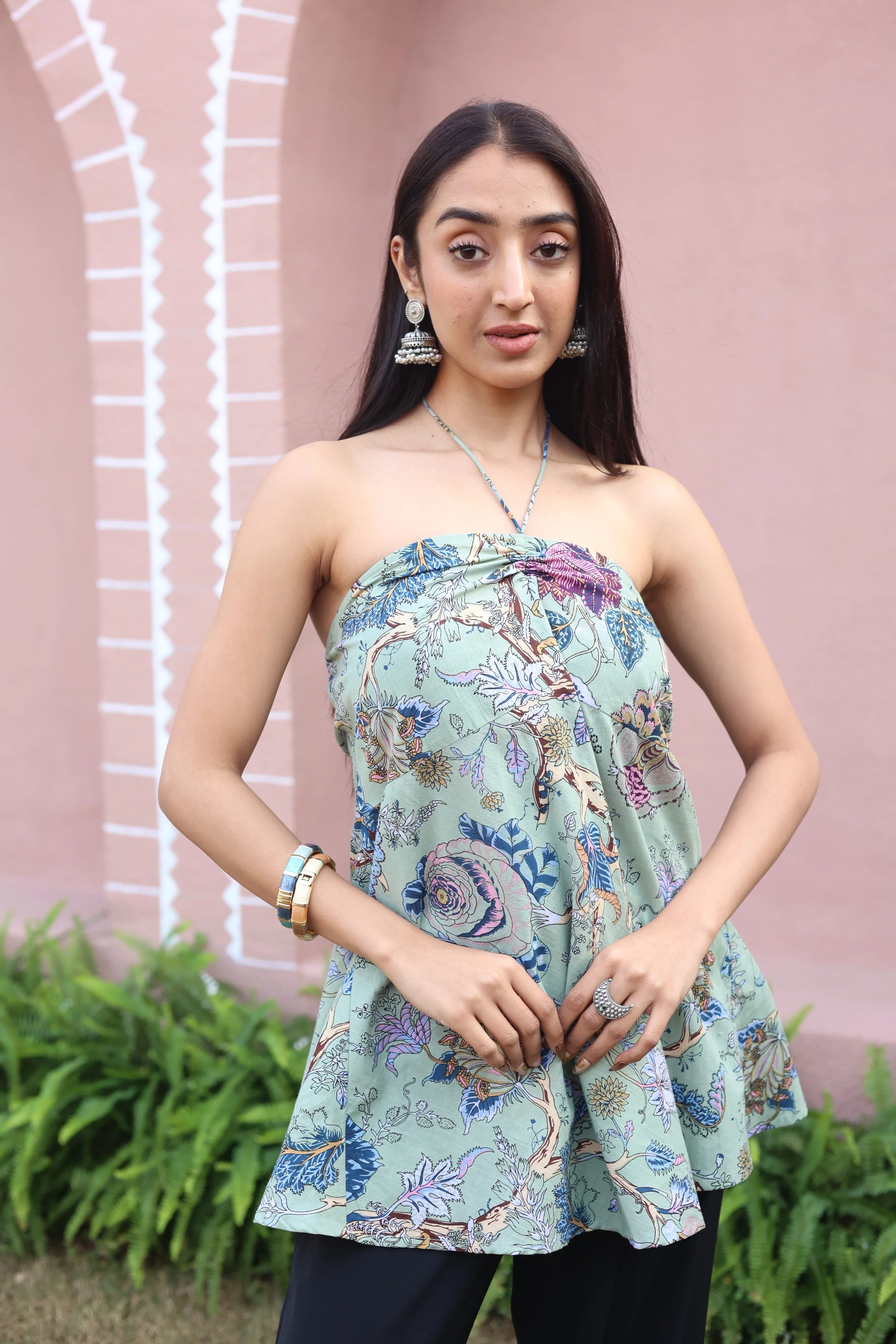 Green Floral Print Cotton Tie-Up Neck Top for Women - SanskrutiHomes