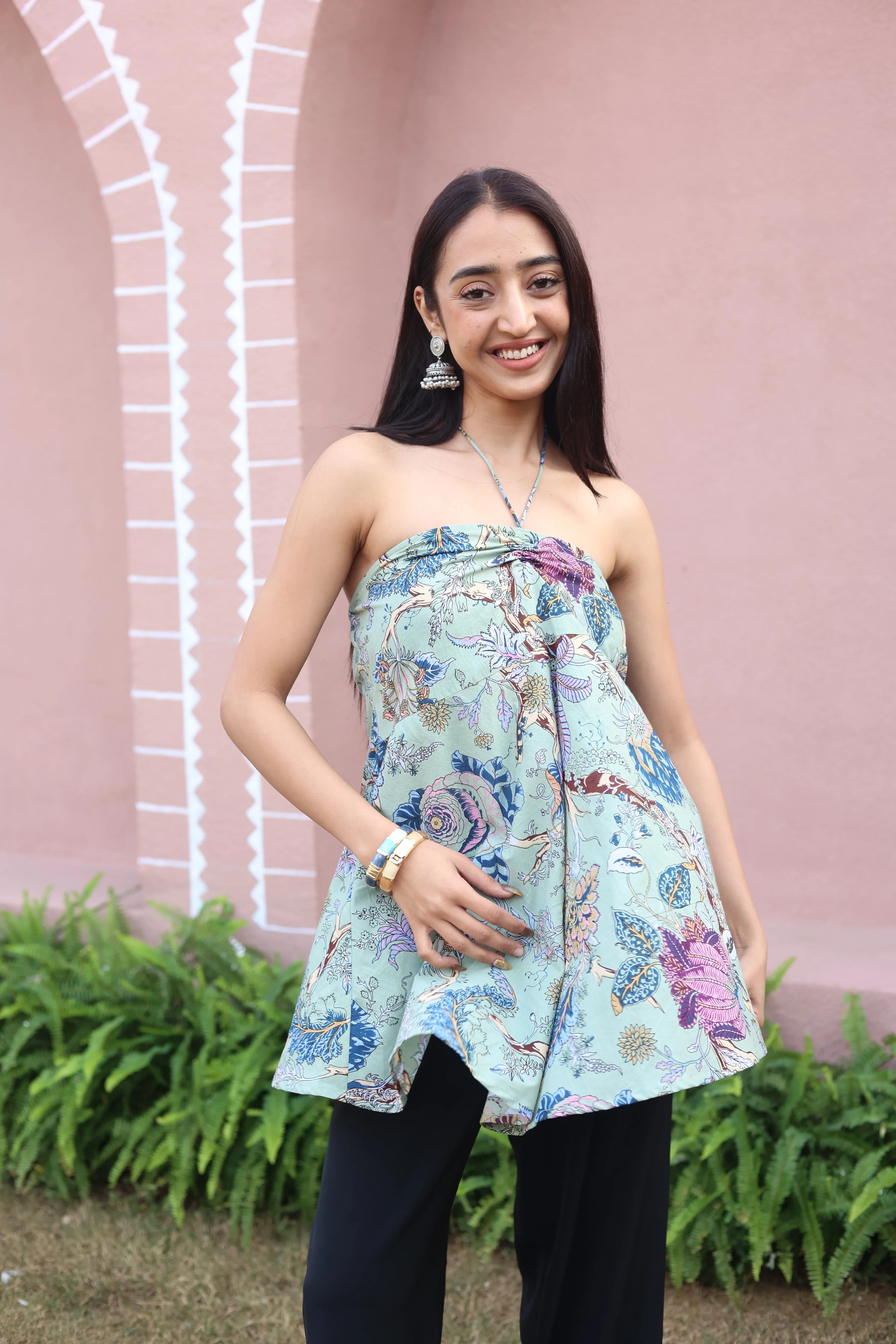 Green Floral Print Cotton Tie-Up Neck Top for Women - SanskrutiHomes