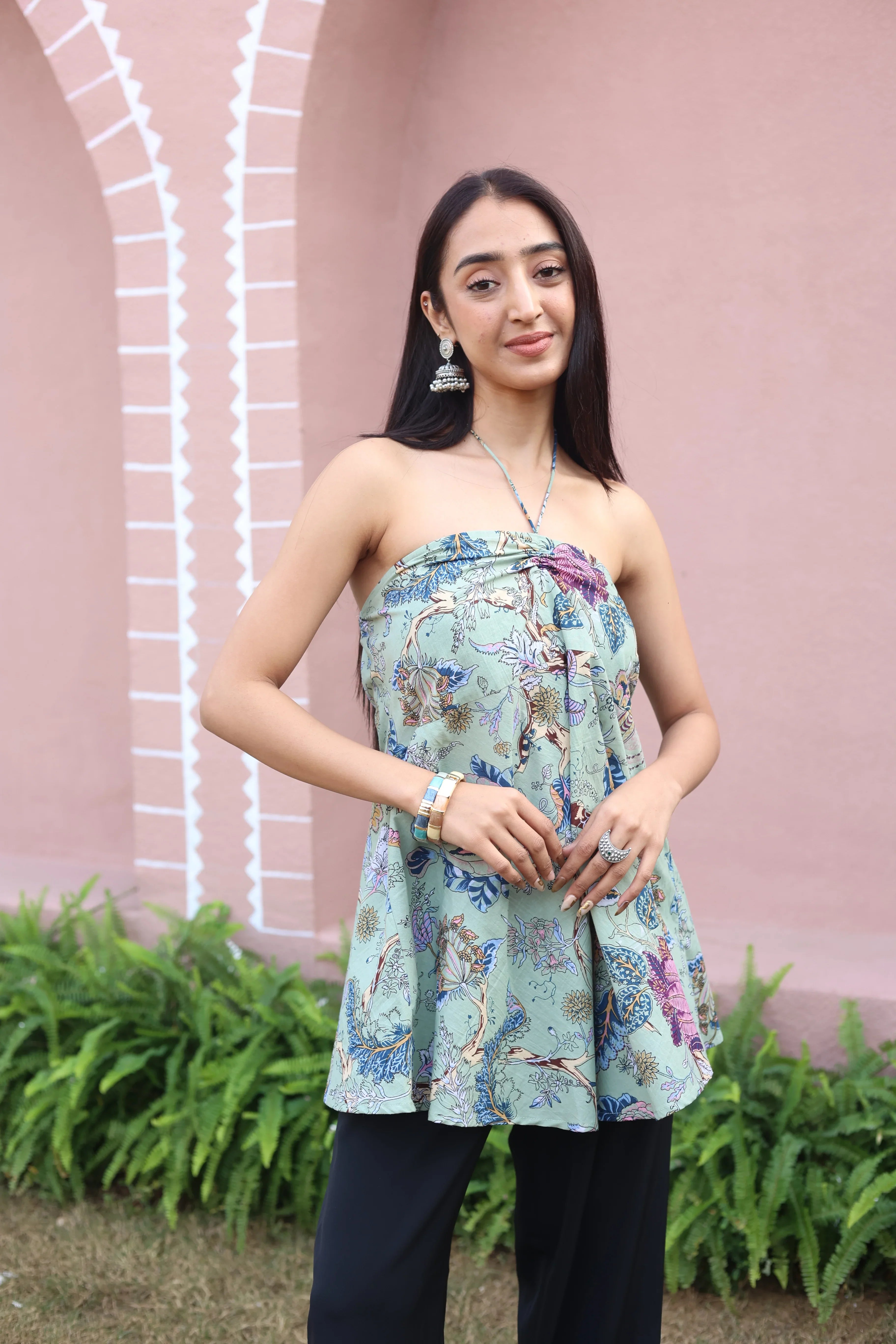 Green Floral Print Cotton Tie-Up Neck Top for Women - SanskrutiHomes