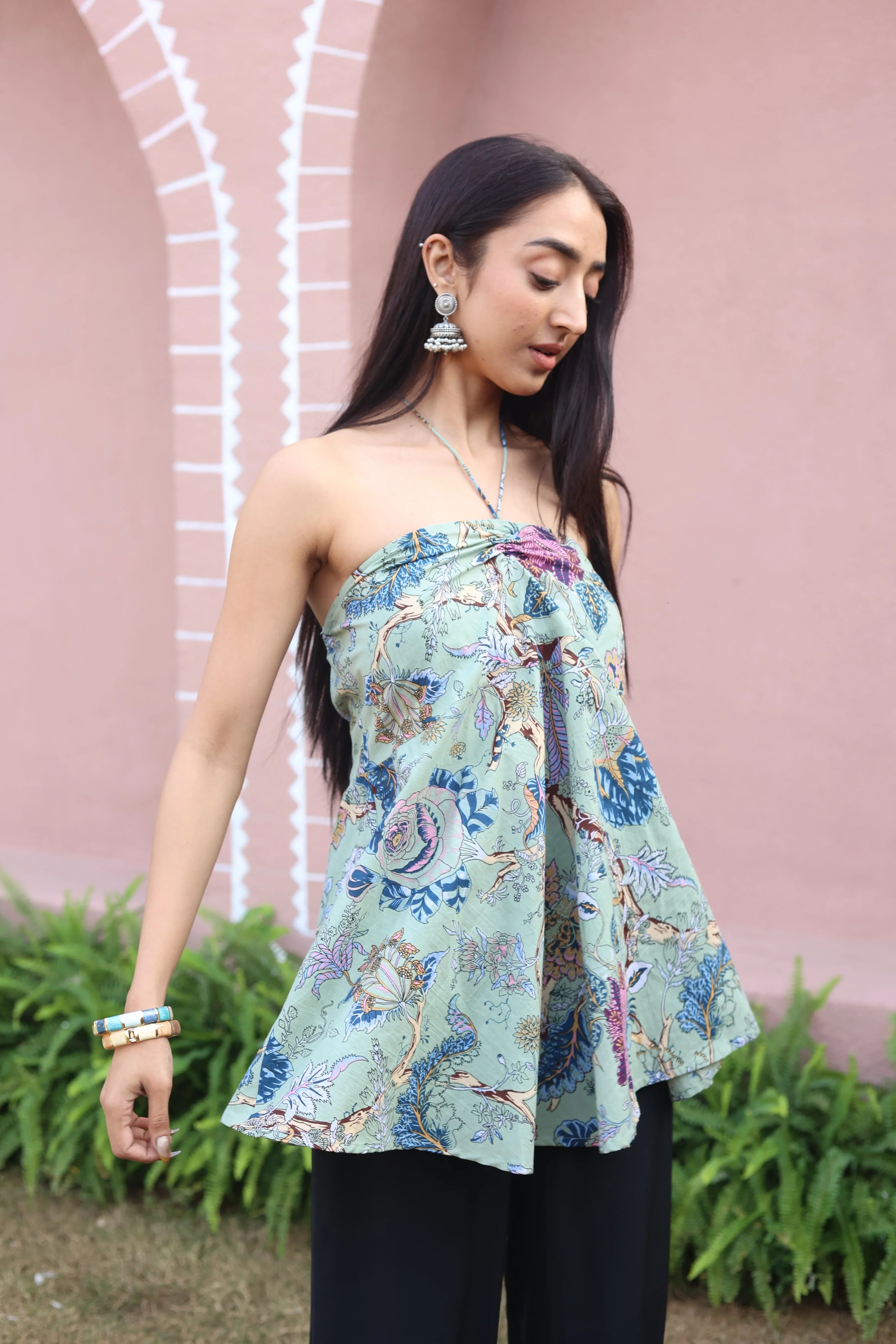 Green Floral Print Cotton Tie-Up Neck Top for Women - SanskrutiHomes