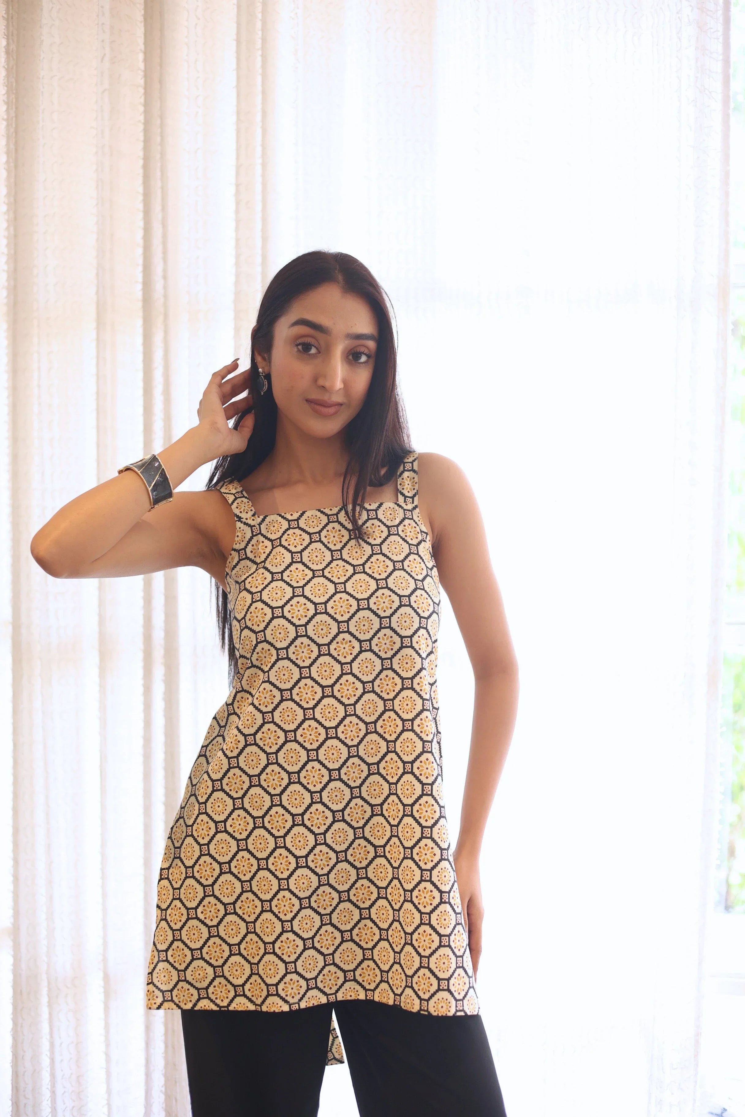 Beige Abstract Print Cotton Square Neck Top for Women - SanskrutiHomes
