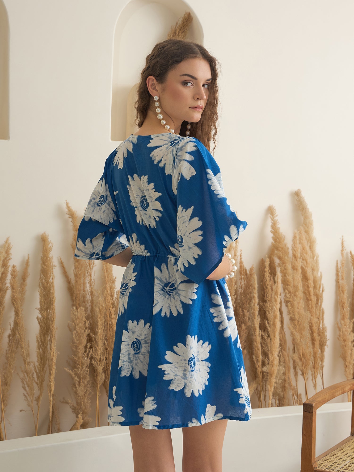 Blue Floral Printed V-Neck Dress for Women
