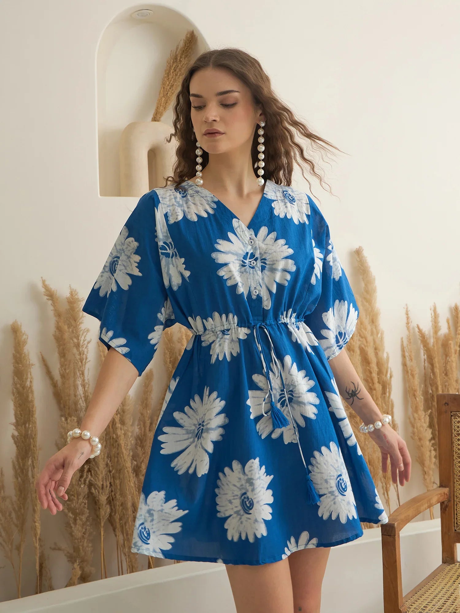 Blue Floral Printed V-Neck Dress for Women - SanskrutiHomes