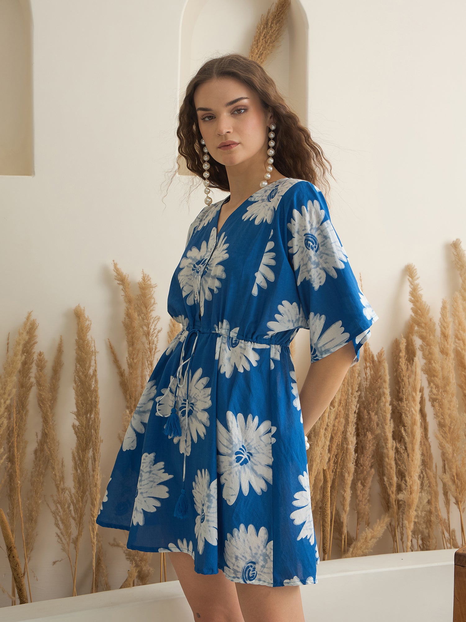Blue Floral Printed V-Neck Dress for Women